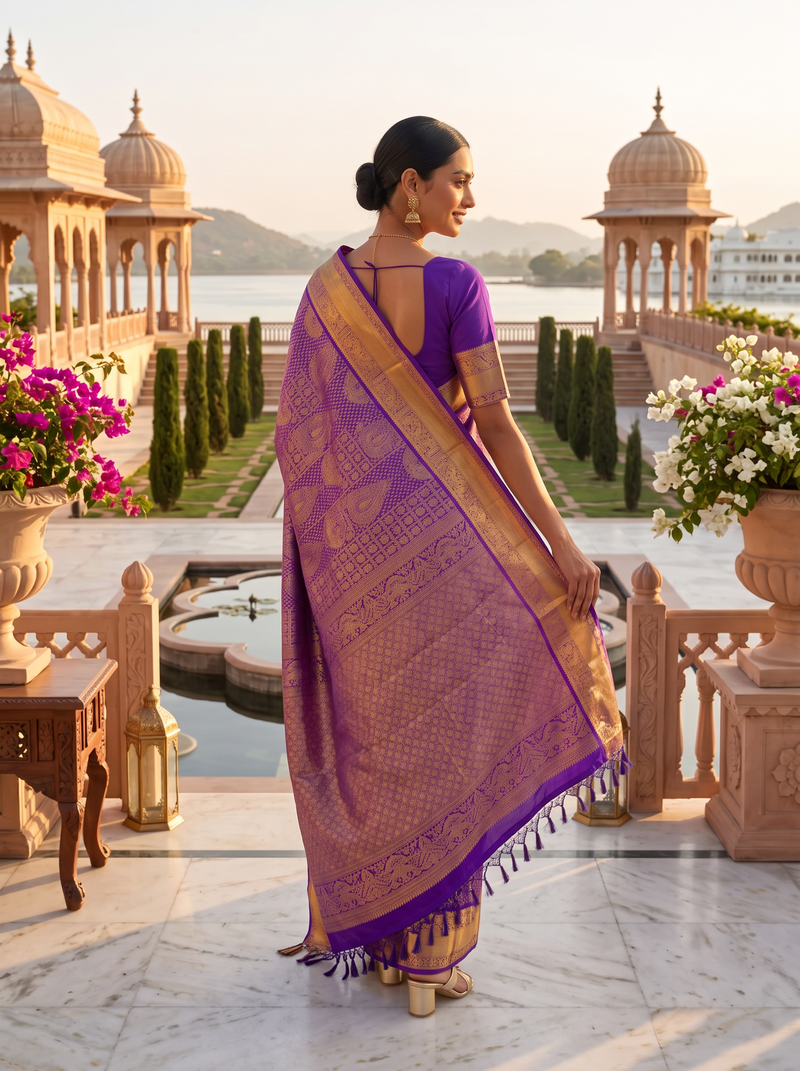 Pure Handloom Kanjivaram Silk Saree, Zari brocade, Straight from Kanchipuram - Royal Purple & Gold