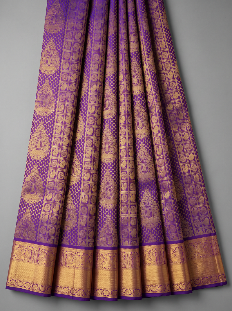 Pure Handloom Kanjivaram Silk Saree, Zari brocade, Straight from Kanchipuram - Royal Purple & Gold