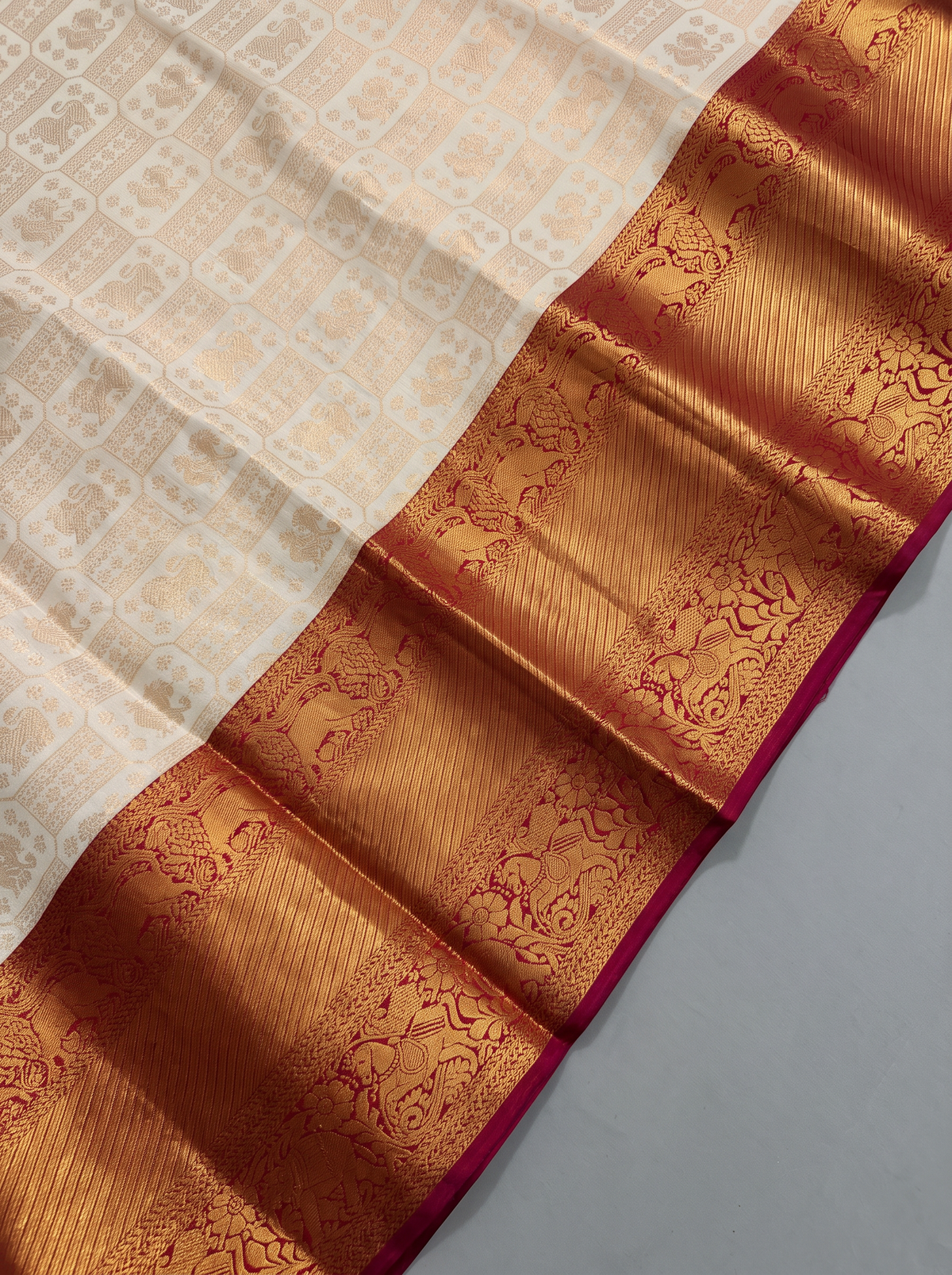 Pure Handloom Brocade Korvai Kanjibharam Silk Saree, Zari Brocade, Straight from Kanchipuram - Ivory with Red