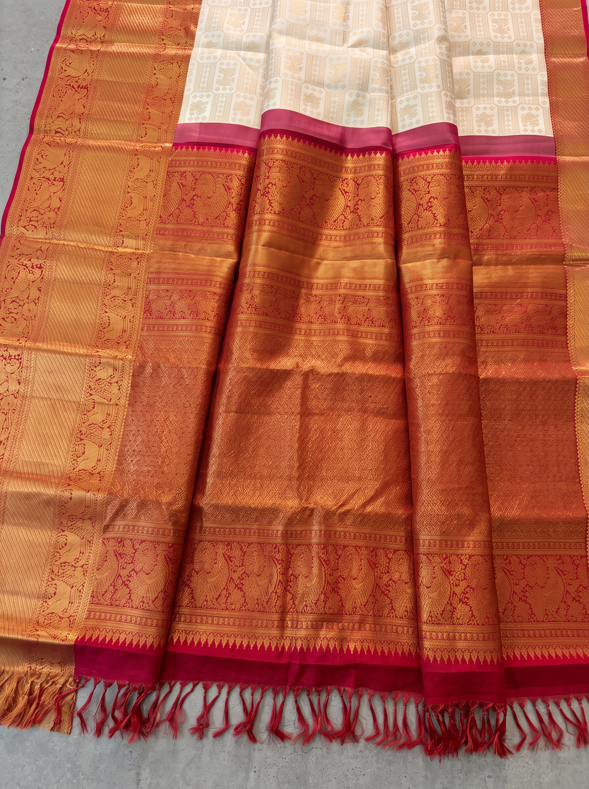 Pure Handloom Brocade Korvai Kanjibharam Silk Saree, Zari Brocade, Straight from Kanchipuram - Ivory with Red