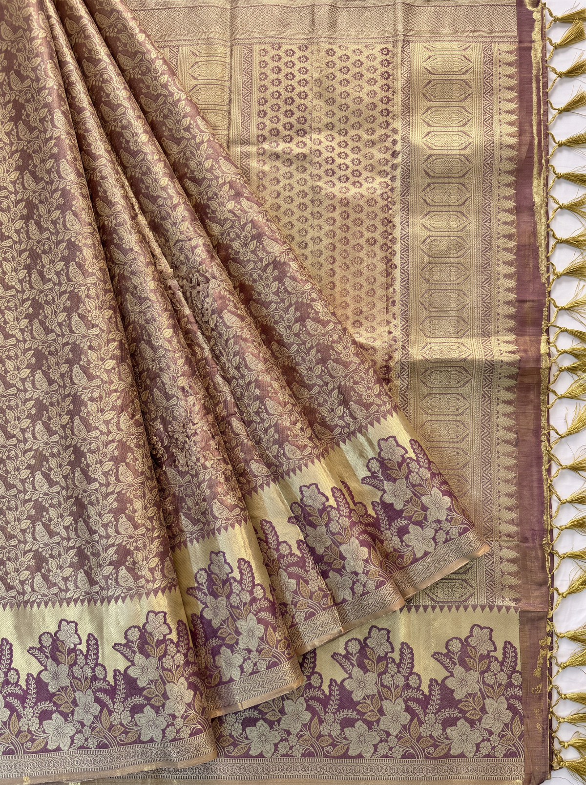Pure Handloom Tissue Kanjivaram Silk Saree, Brocade, Straight from Kanchipuram - Brown & Gold