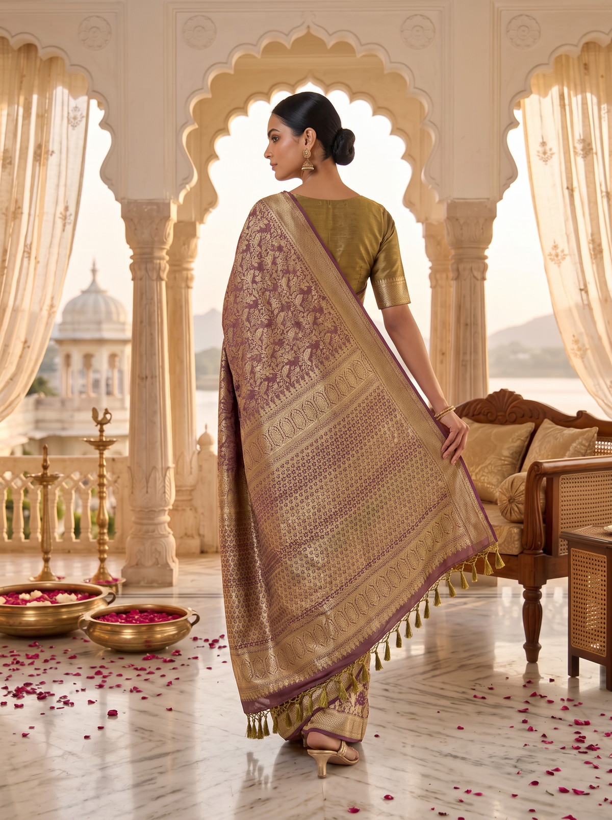 Pure Handloom Tissue Kanjivaram Silk Saree, Brocade, Straight from Kanchipuram - Brown & Gold