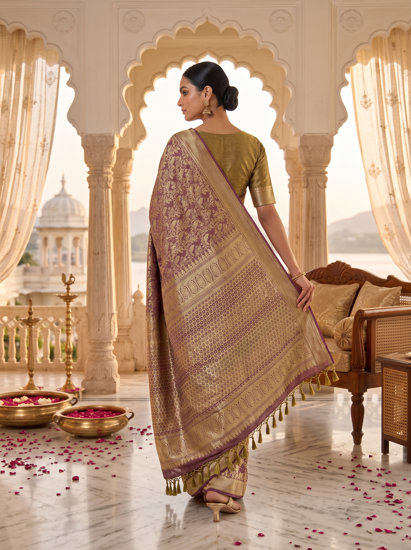 Pure Handloom Tissue Kanjivaram Silk Saree, Brocade, Straight from Kanchipuram - Brown & Gold