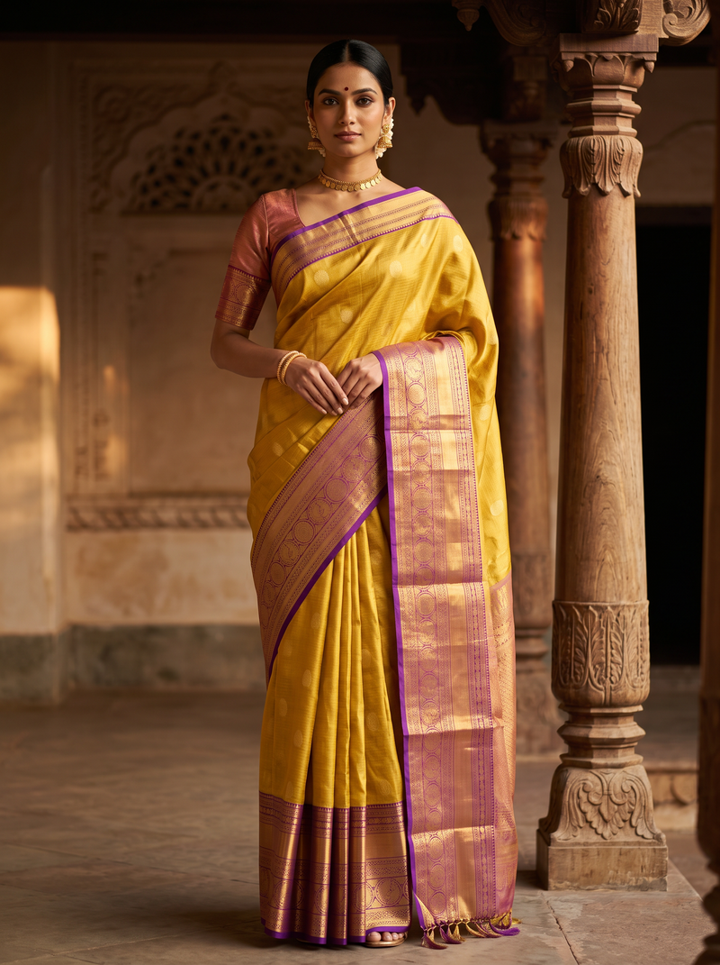 Handloom Pure Kanjivaram Tissue Silk Korvai - Straight from Kanchipuram, A Radiant Yellow and Rich Purple