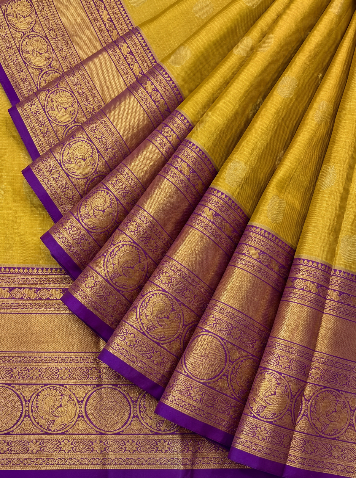 Handloom Pure Kanjivaram Tissue Silk Korvai - Straight from Kanchipuram, A Radiant Yellow and Rich Purple
