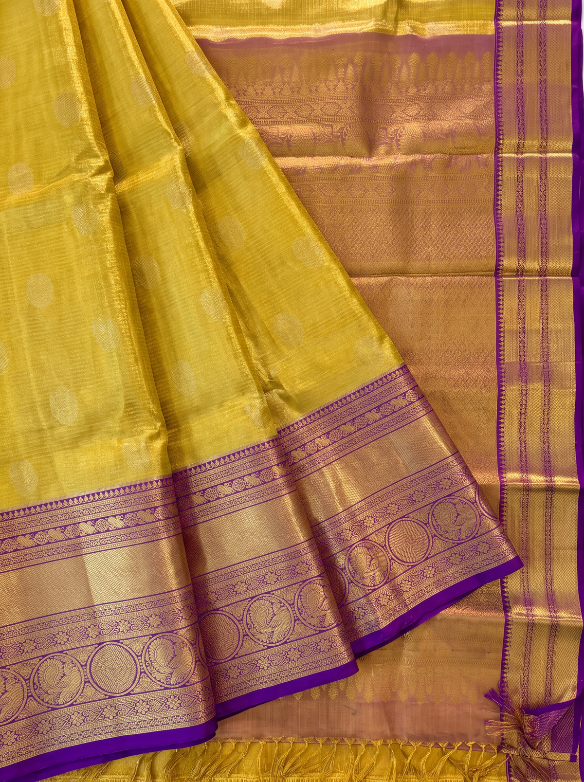 Handloom Pure Kanjivaram Tissue Silk Korvai - Straight from Kanchipuram, A Radiant Yellow and Rich Purple
