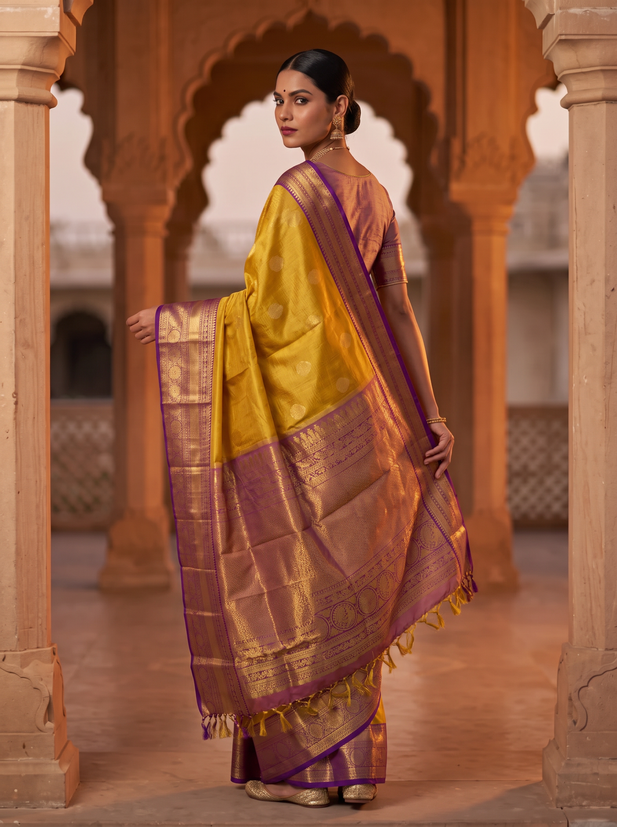 Handloom Pure Kanjivaram Tissue Silk Korvai - Straight from Kanchipuram, A Radiant Yellow and Rich Purple