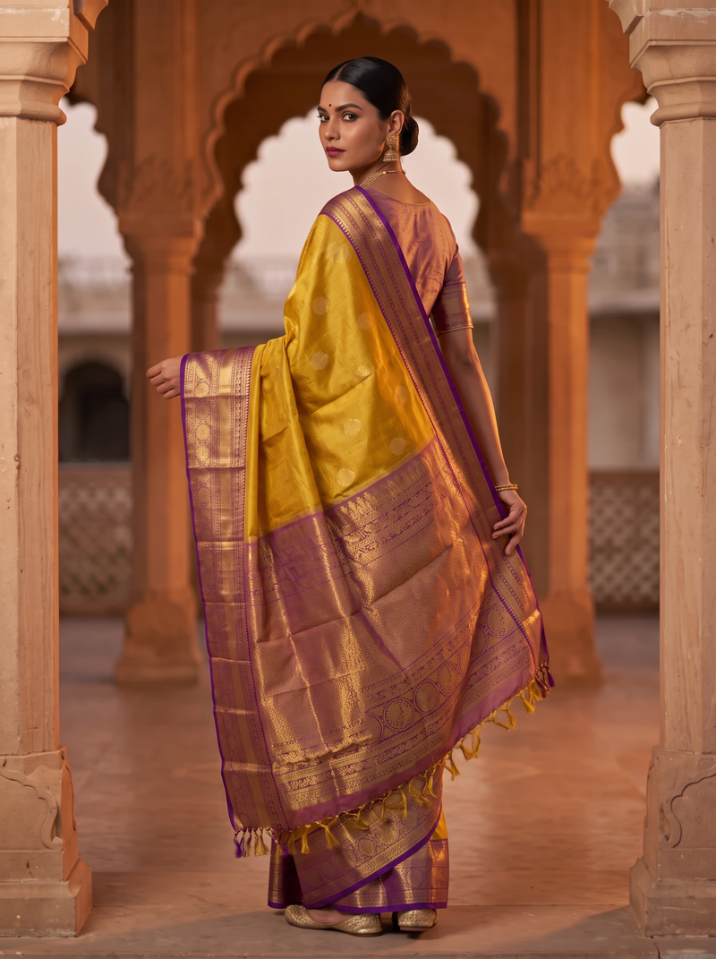 Handloom Pure Kanjivaram Tissue Silk Korvai - Straight from Kanchipuram, A Radiant Yellow and Rich Purple