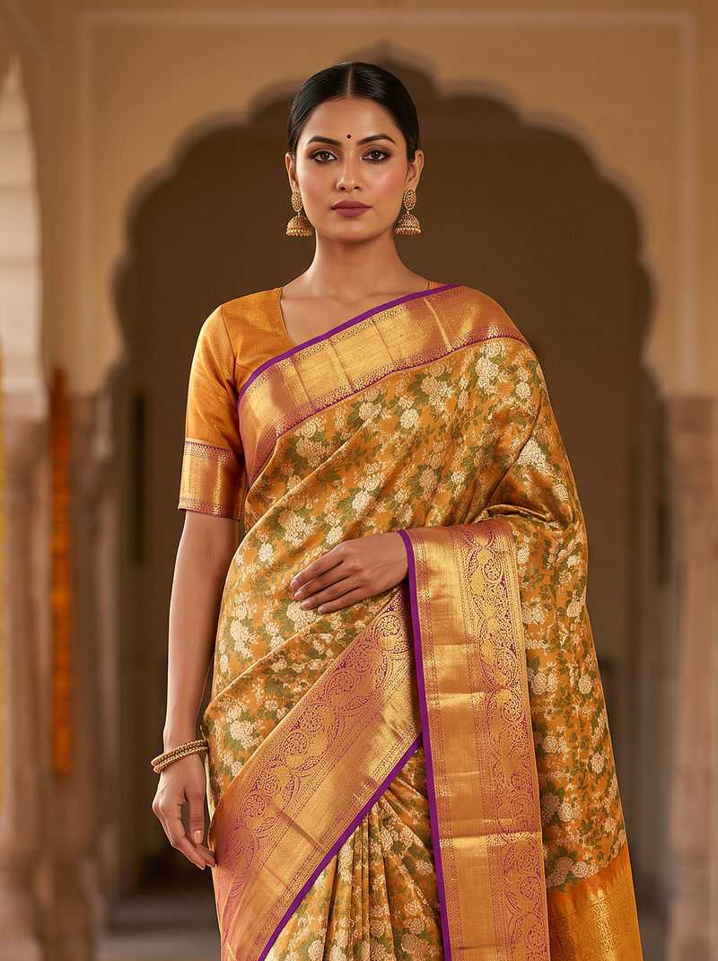 Pure Handloom Tissue Korvai Kanjivaram Silk Saree from Kanchipuram, Floral Jaal Brocade  - Gold with Purple