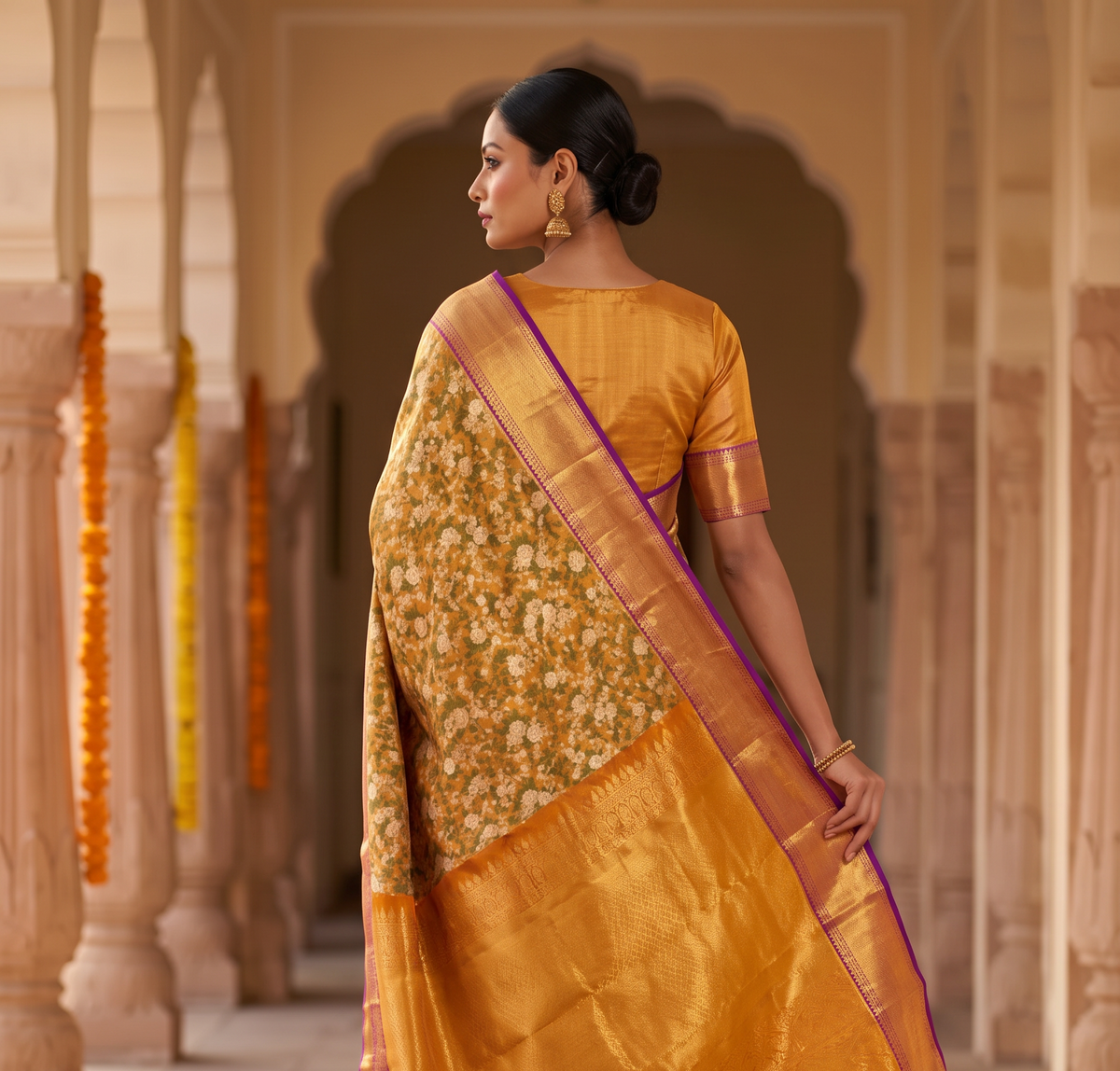 Pure Handloom Tissue Korvai Kanjivaram Silk Saree from Kanchipuram, Floral Jaal Brocade  - Gold with Purple