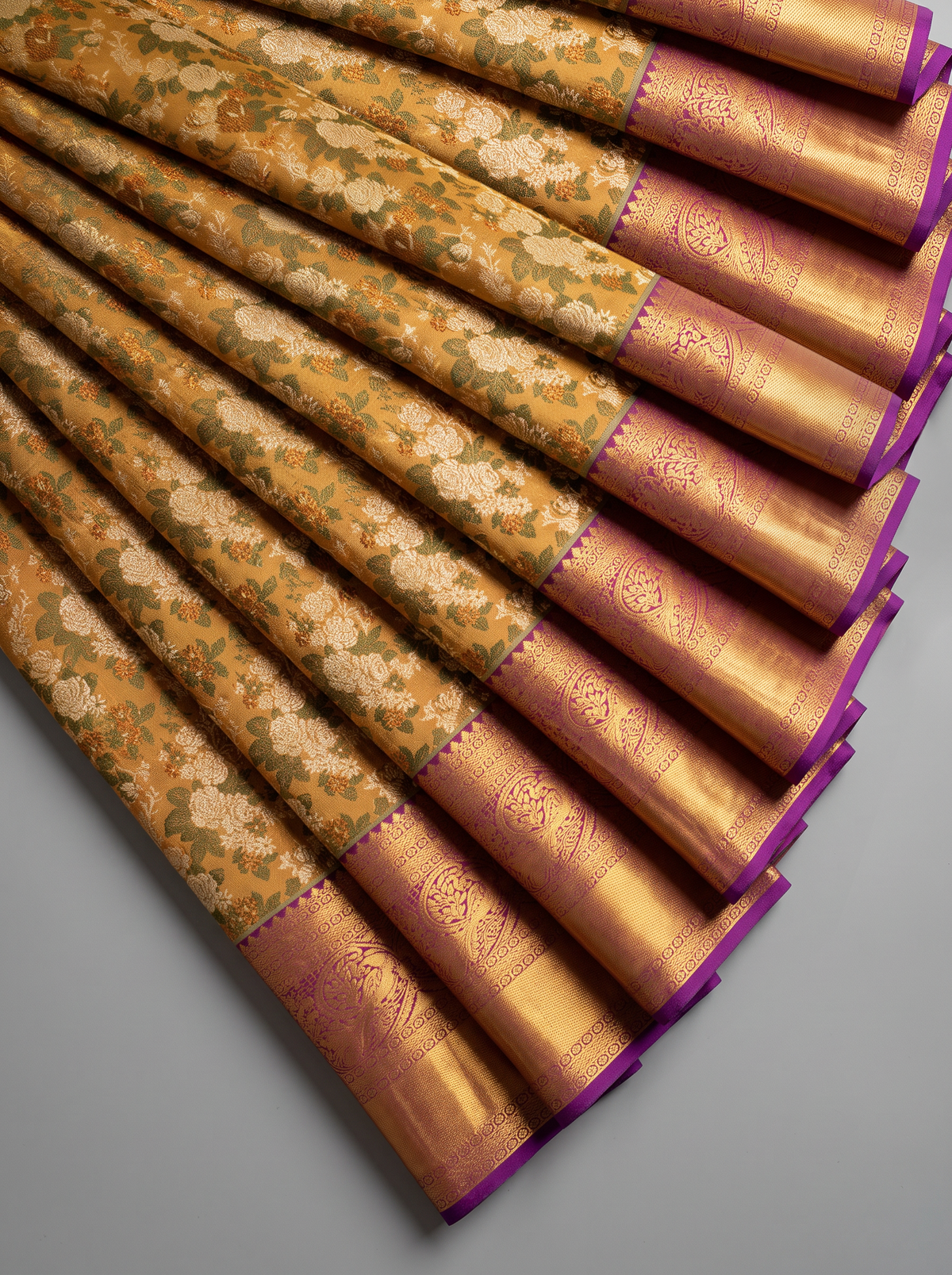 Pure Handloom Tissue Korvai Kanjivaram Silk Saree from Kanchipuram, Floral Jaal Brocade  - Gold with Purple