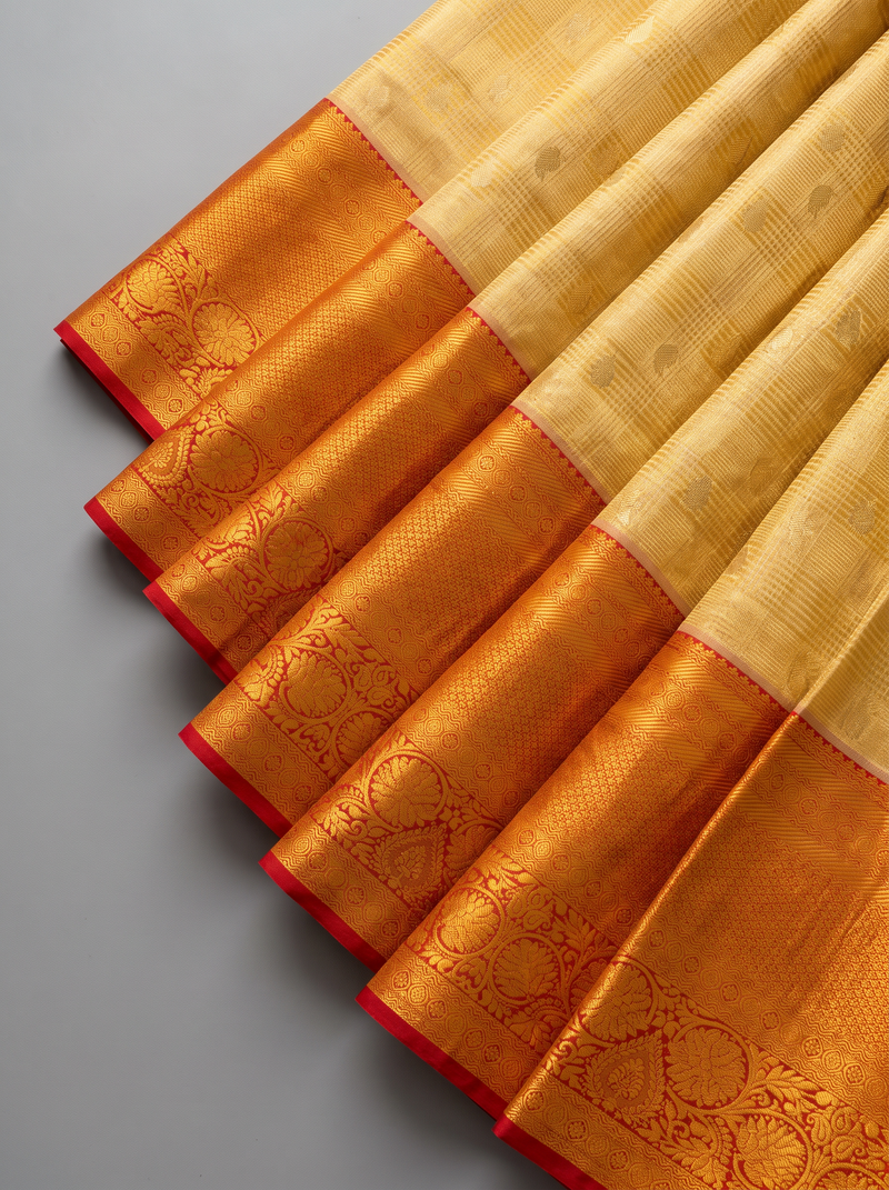 A Regal Celebration in Gold & Vermilion – Handloom Pure Kanjivaram Tissue Silk Korvai