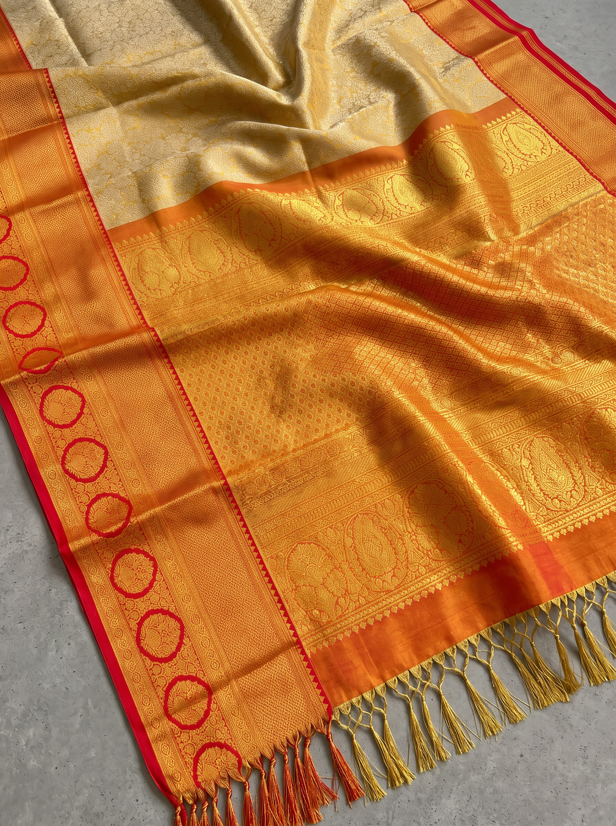Pure Handloom Tissue Korvai Kanjivaram Silk Saree from Kanchipuram - Golden with Red