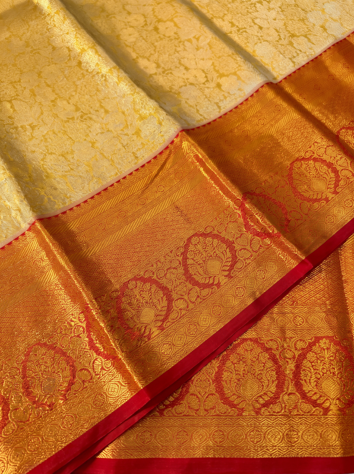 Pure Handloom Tissue Korvai Kanjivaram Silk Saree from Kanchipuram - Golden with Red