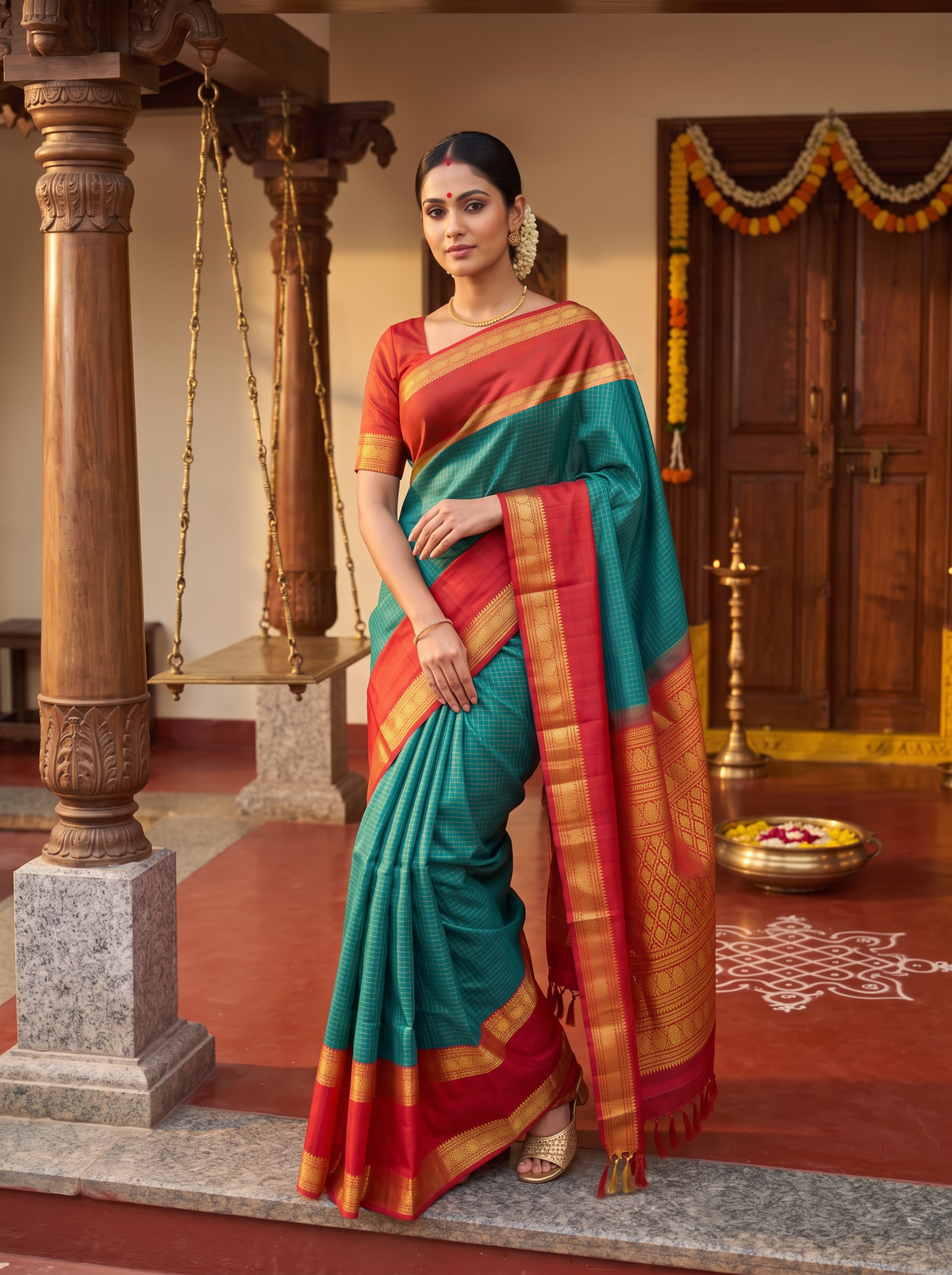 A Lush Romance of Brocade & Silk – Emerald Green & Red Pure Korvai Kanjivaram Handloom Silk Saree