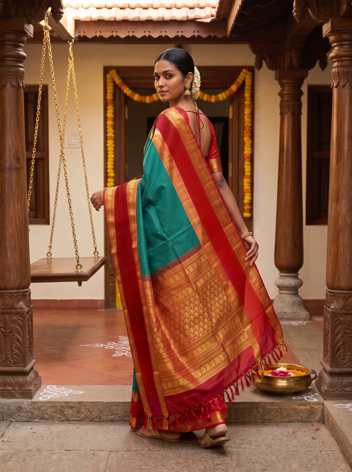 A Lush Romance of Brocade & Silk – Emerald Green & Red Pure Korvai Kanjivaram Handloom Silk Saree