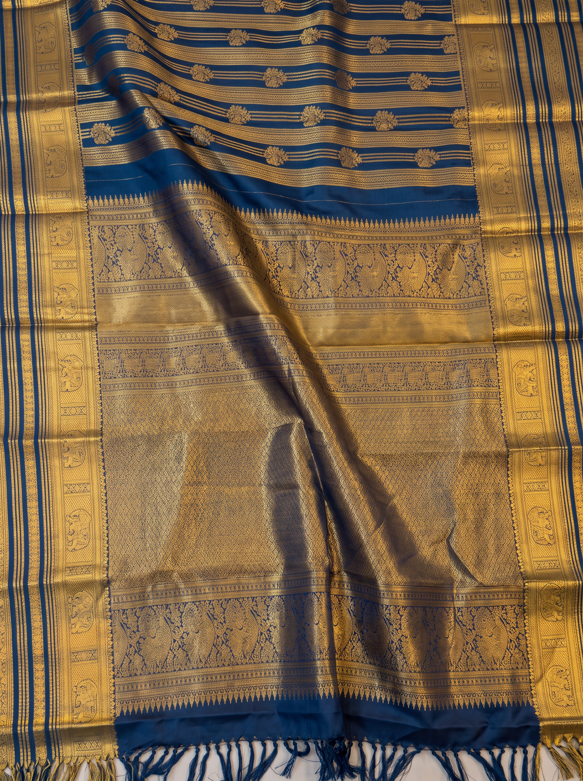 Pure Handloom Kanjivaram Silk, All-Over Zari Stripes and Zari Butis, Straight from Kanchipuram  - Navy Blue with Gold