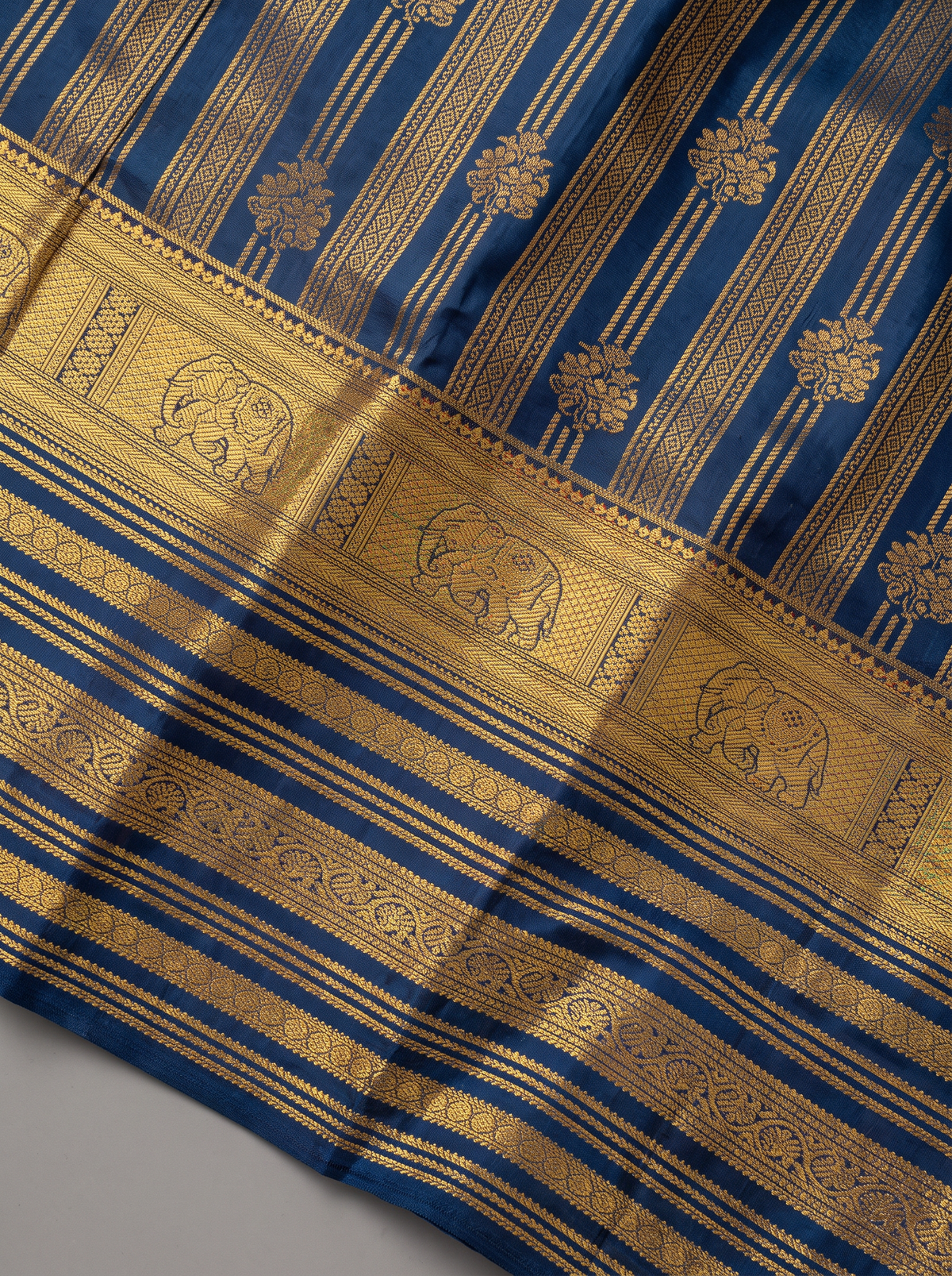 Pure Handloom Kanjivaram Silk, All-Over Zari Stripes and Zari Butis, Straight from Kanchipuram  - Navy Blue with Gold
