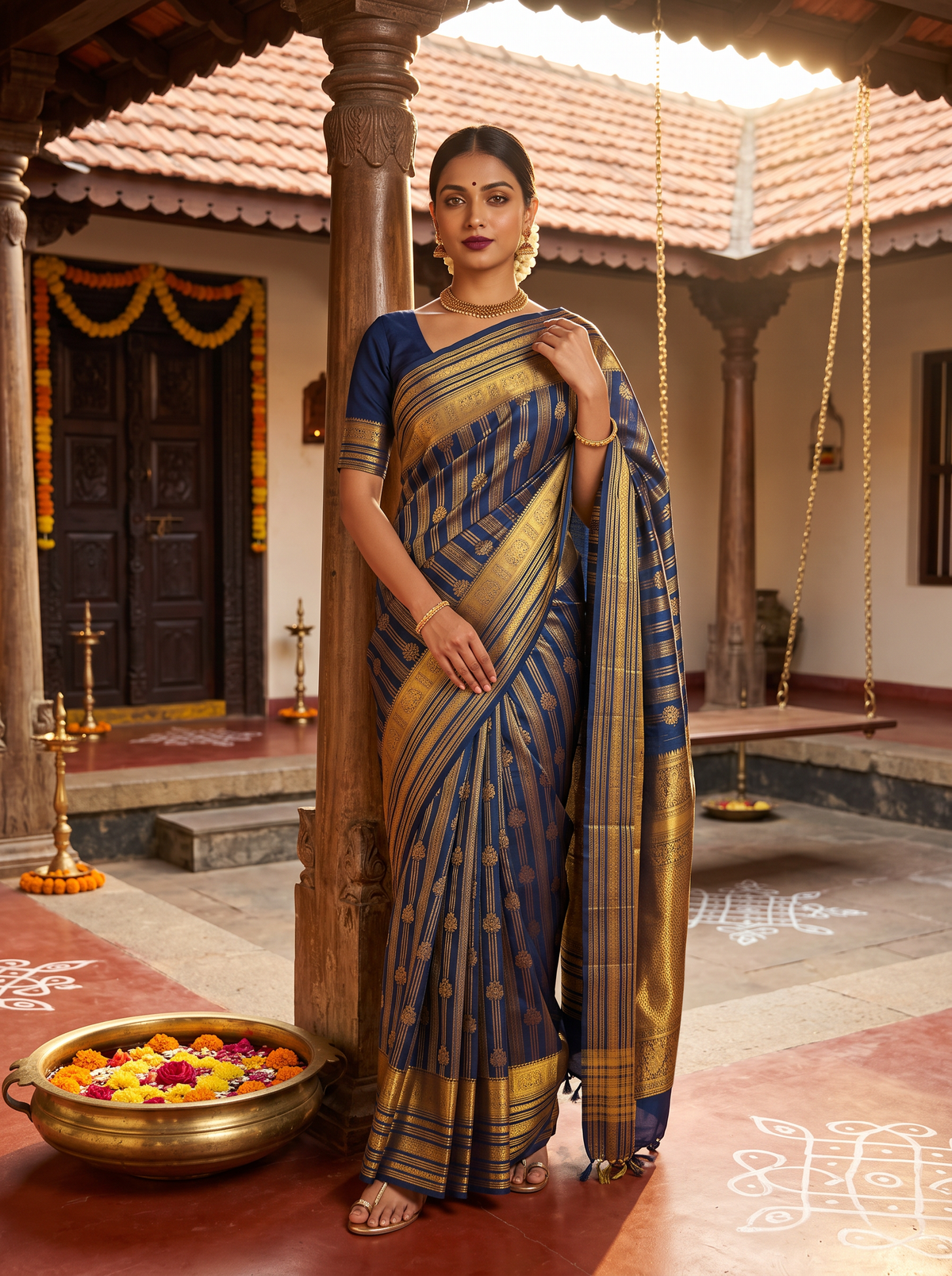 Pure Handloom Kanjivaram Silk, All-Over Zari Stripes and Zari Butis, Straight from Kanchipuram  - Navy Blue with Gold