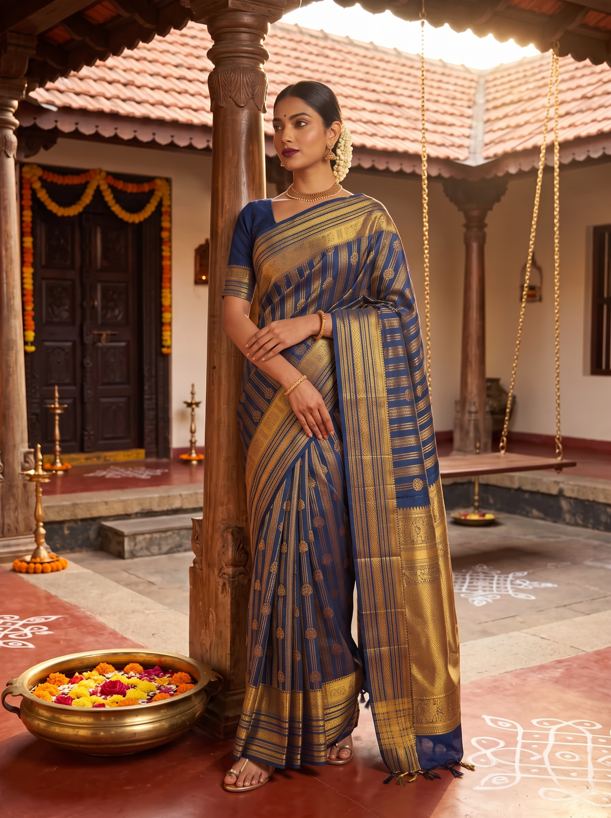 Pure Handloom Kanjivaram Silk, All-Over Zari Stripes and Zari Butis, Straight from Kanchipuram  - Navy Blue with Gold