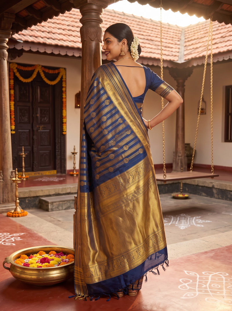 Pure Handloom Kanjivaram Silk, All-Over Zari Stripes and Zari Butis, Straight from Kanchipuram  - Navy Blue with Gold