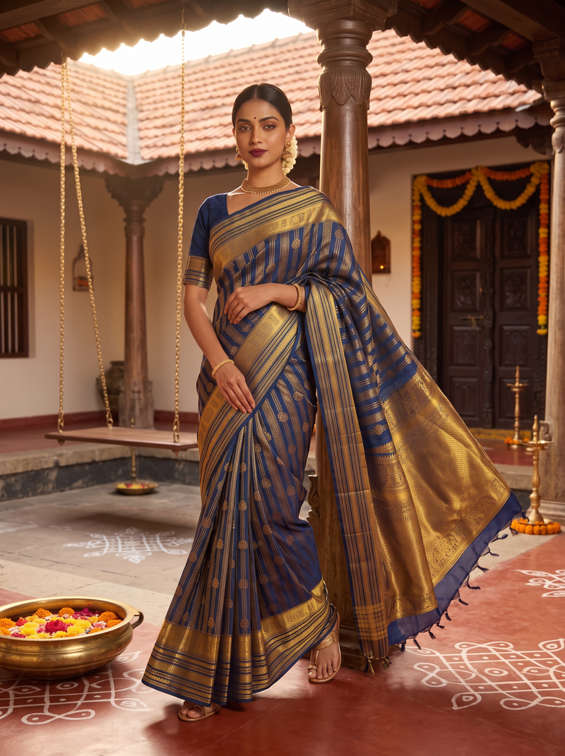 Pure Handloom Kanjivaram Silk, All-Over Zari Stripes and Zari Butis, Straight from Kanchipuram  - Navy Blue with Gold