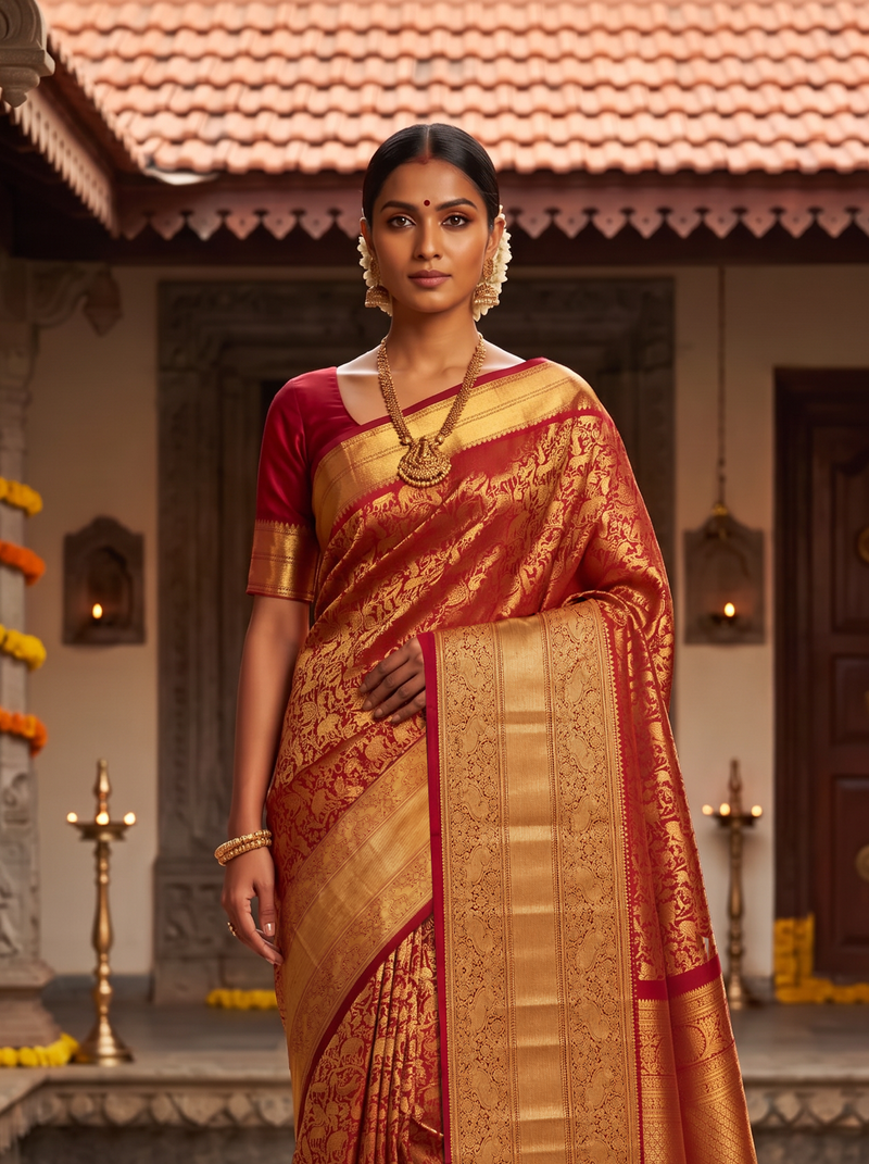 Pure Handloom Kanjivaram Silk, Shikharga Brocade Saree Straight from Kanchipuram - Red and Gold