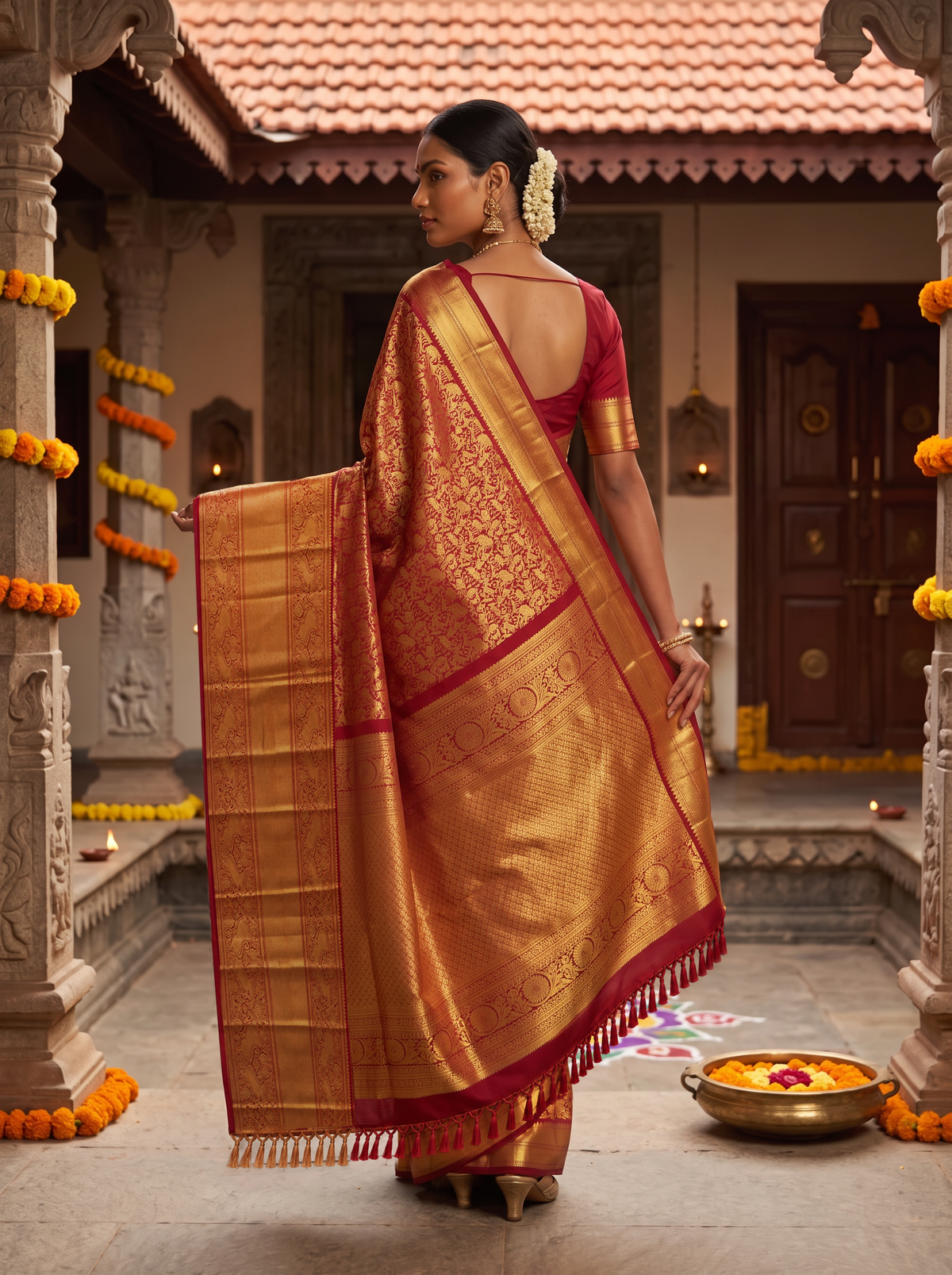Pure Handloom Kanjivaram Silk, Shikharga Brocade Saree Straight from Kanchipuram - Red and Gold
