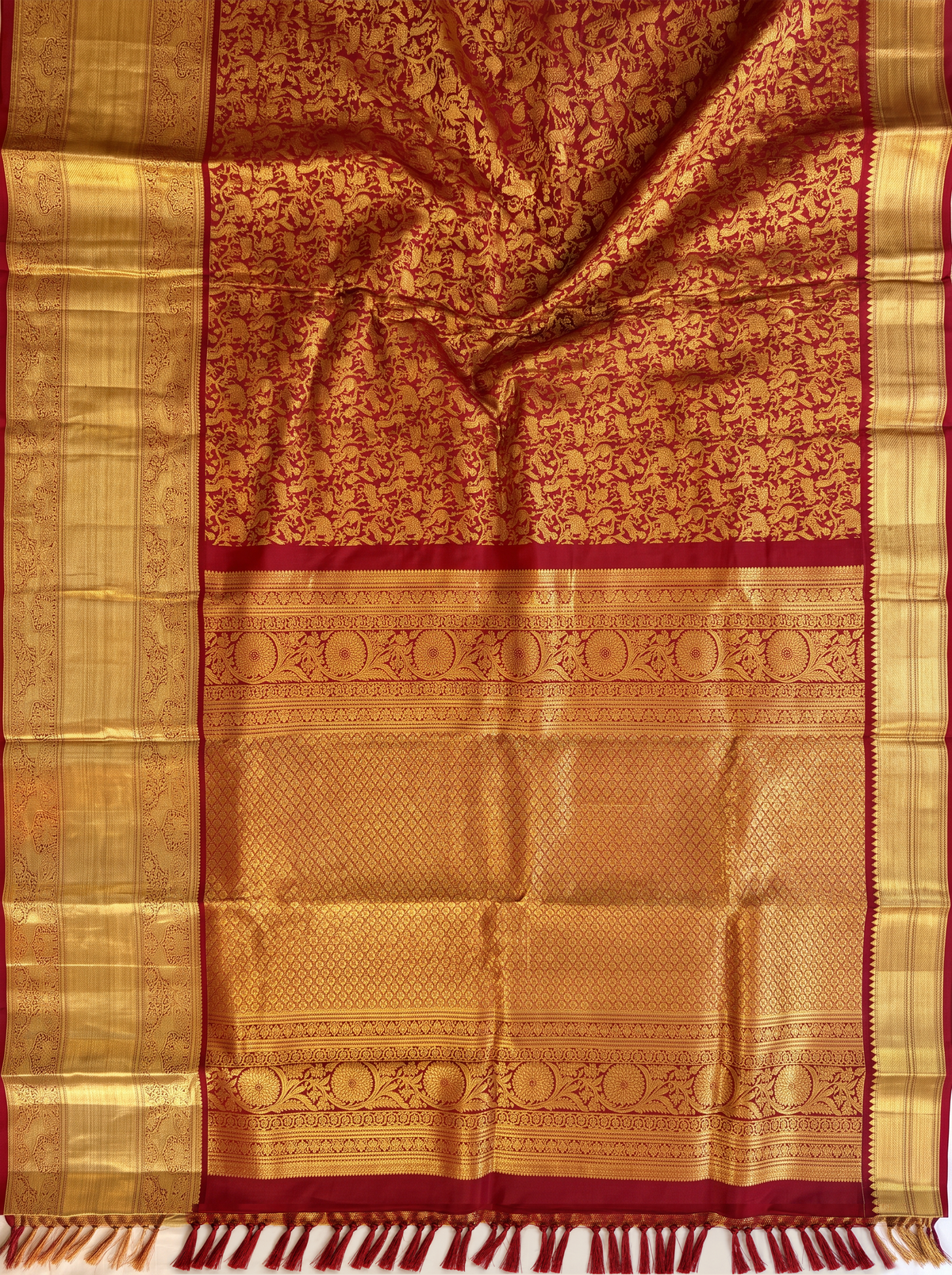 Pure Handloom Kanjivaram Silk, Shikharga Brocade Saree Straight from Kanchipuram - Red and Gold