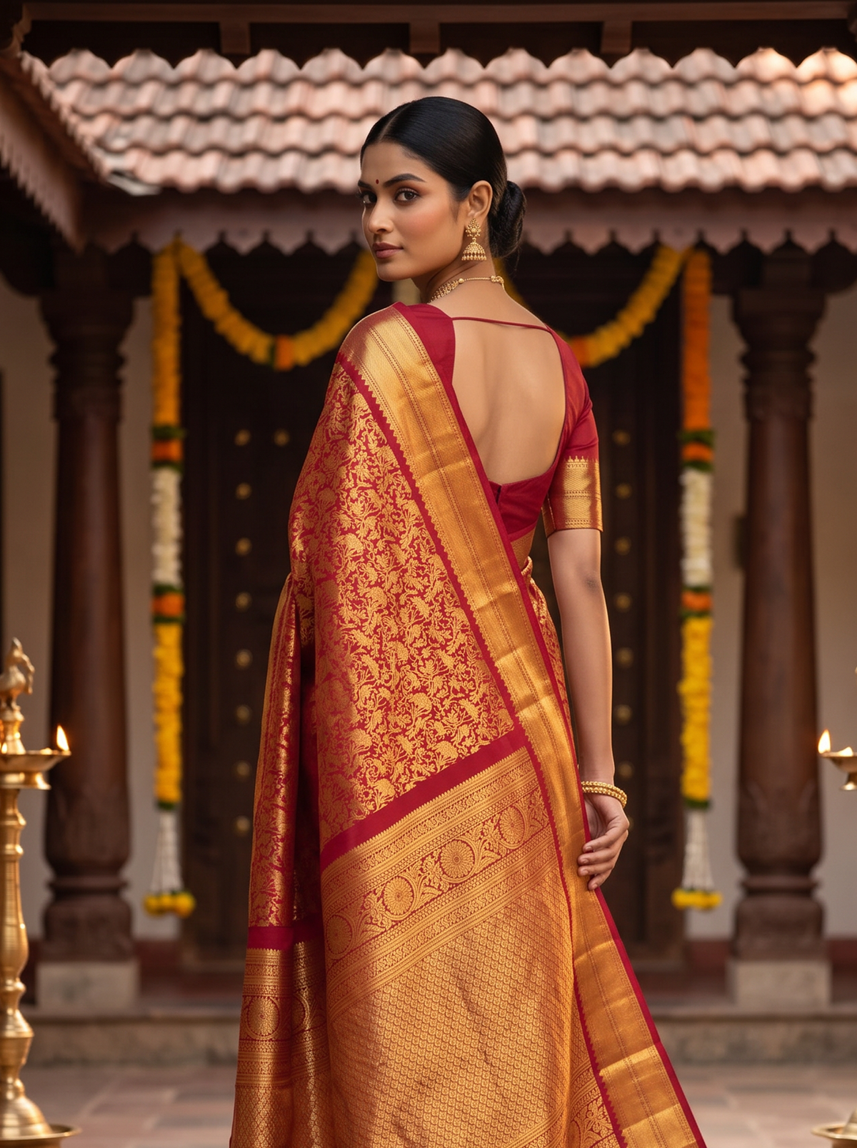 Pure Handloom Kanjivaram Silk, Shikharga Brocade Saree Straight from Kanchipuram - Red and Gold