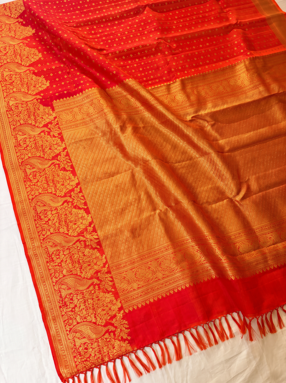 Pure Handloom Kanjivaram Silk, All-Over Butta, Golden Zari, Straight from Kanchipuram - Red and Gold