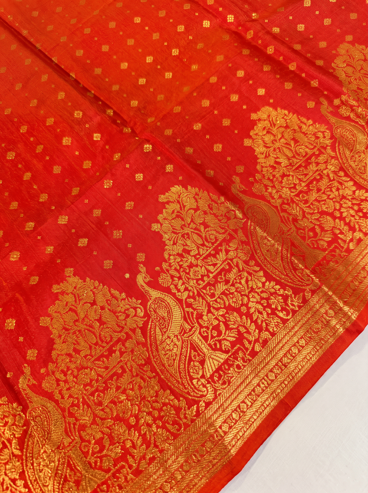 Pure Handloom Kanjivaram Silk, All-Over Butta, Golden Zari, Straight from Kanchipuram - Red and Gold