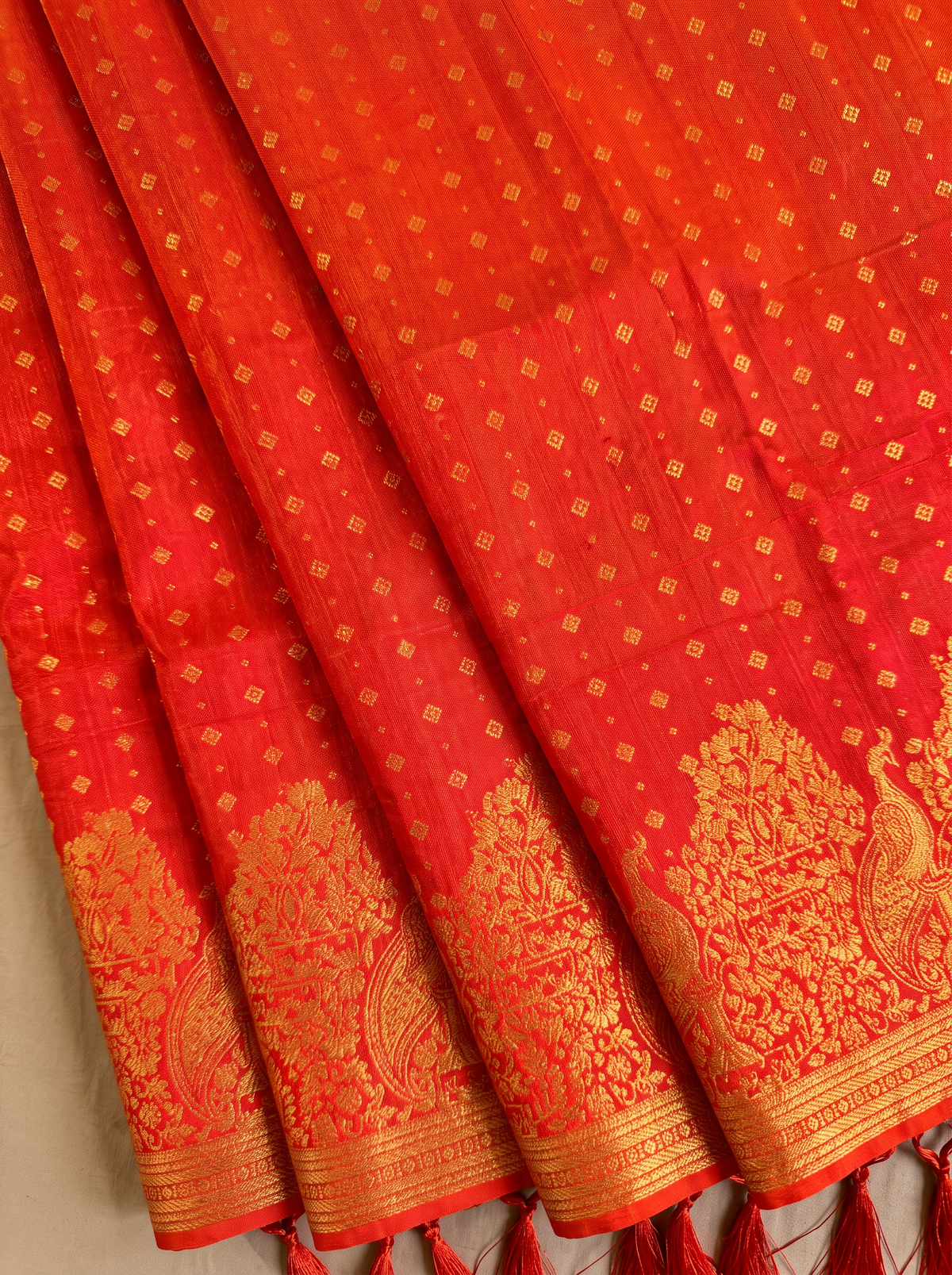 Pure Handloom Kanjivaram Silk, All-Over Butta, Golden Zari, Straight from Kanchipuram - Red and Gold