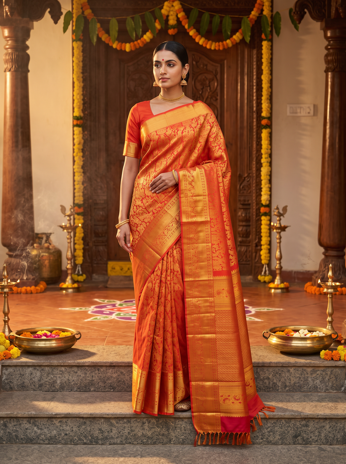 Pure Kanjivaram Silk Saree, Pure Handloom, Brocade Zari, Straight from Kanchipuram - Rust Orange and Gold