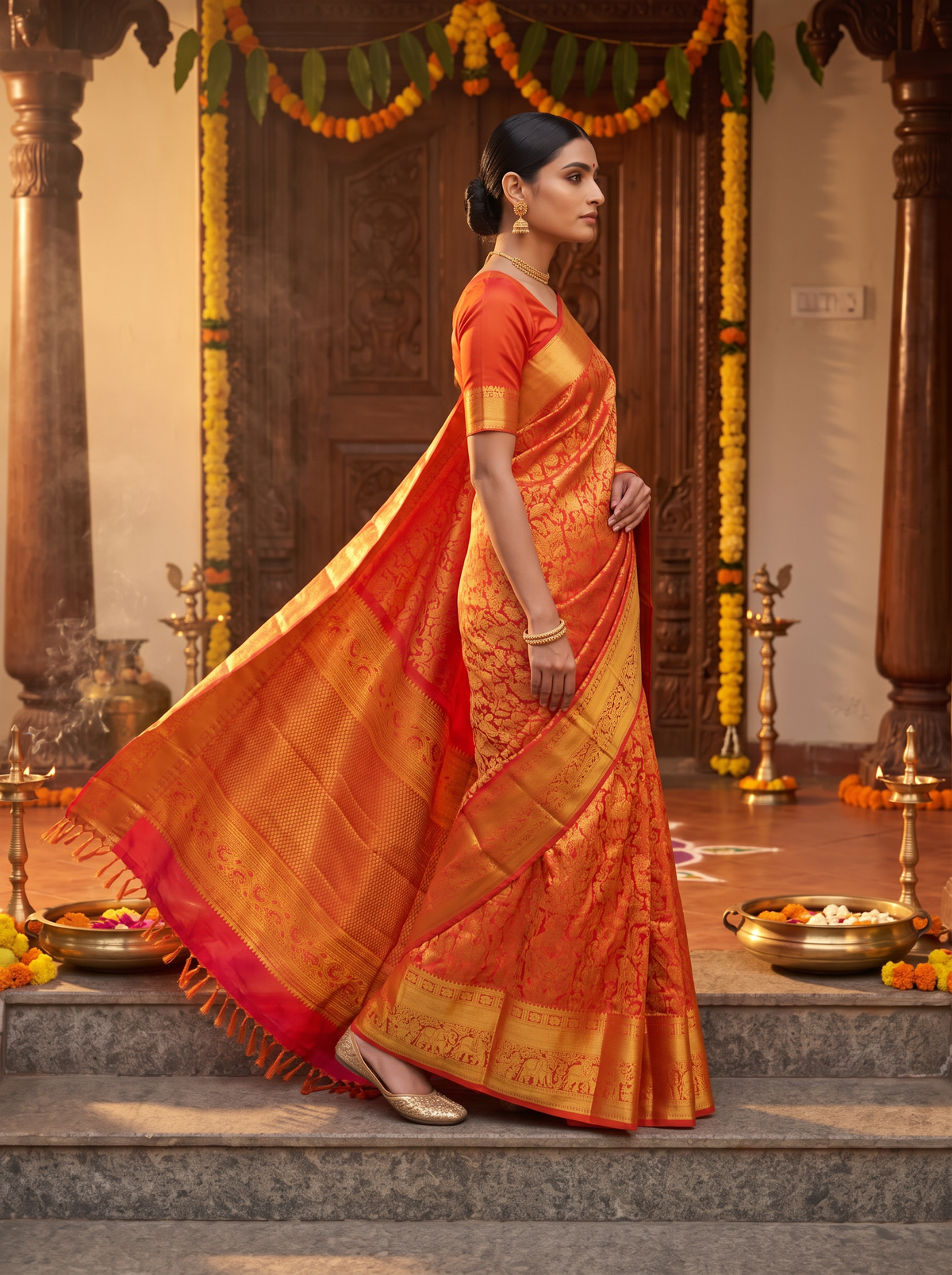 Pure Kanjivaram Silk Saree, Pure Handloom, Brocade Zari, Straight from Kanchipuram - Rust Orange and Gold