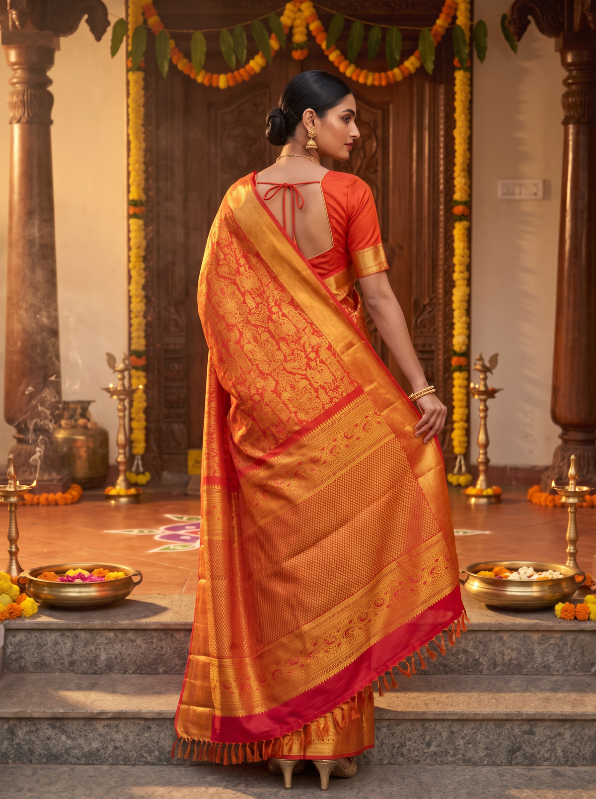 Pure Kanjivaram Silk Saree, Pure Handloom, Brocade Zari, Straight from Kanchipuram - Rust Orange and Gold