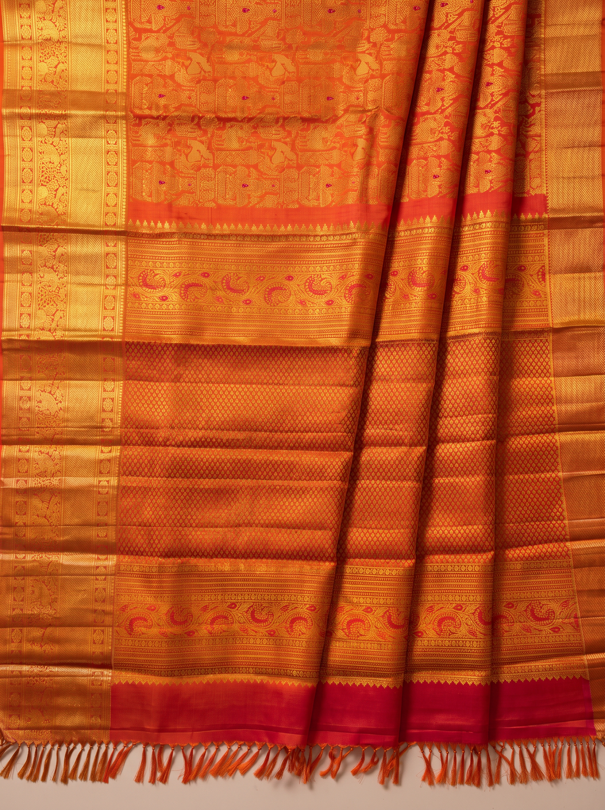Pure Kanjivaram Silk Saree, Pure Handloom, Brocade Zari, Straight from Kanchipuram - Rust Orange and Gold