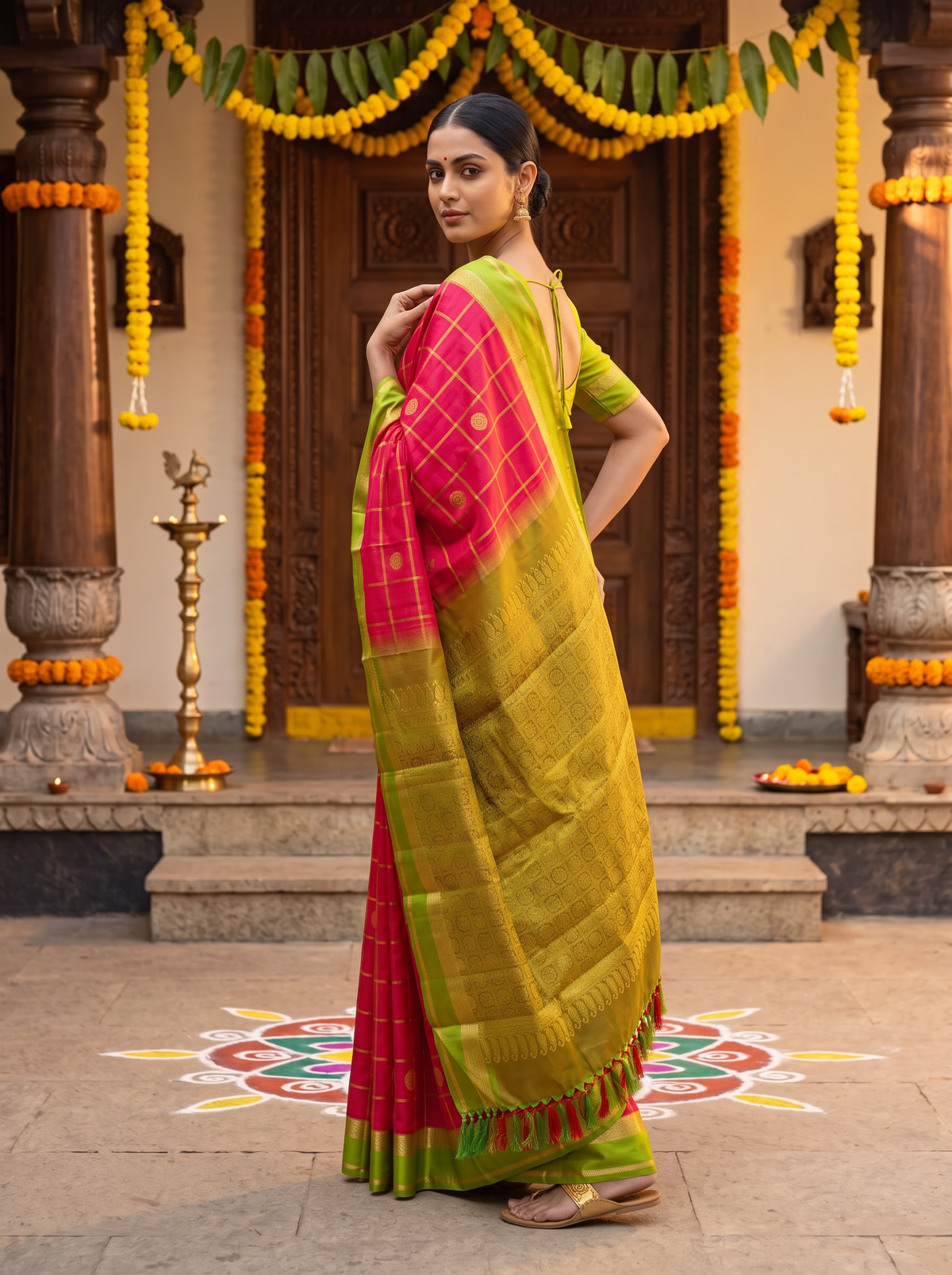 A Symphony of Coin & Checks – Coral Red & Parrot Green Pure Korvai Kanjivaram Handloom Silk Saree