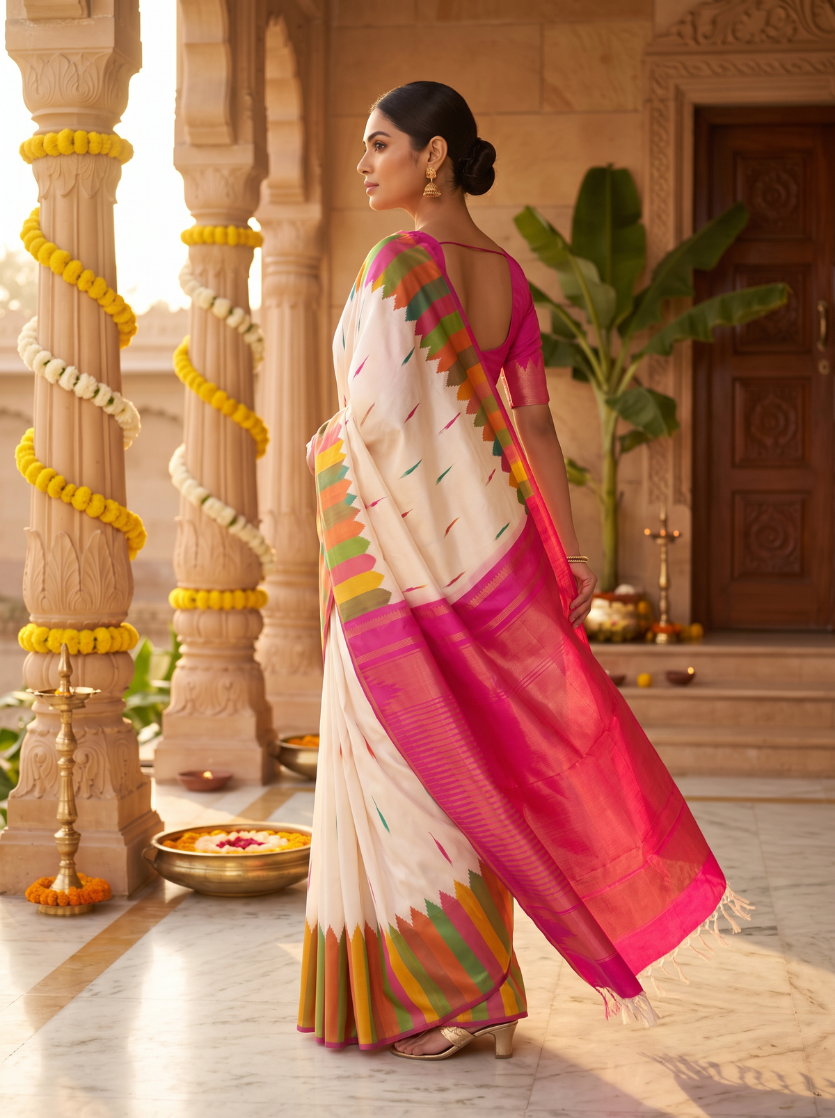 Kanjivaram - White with Pink