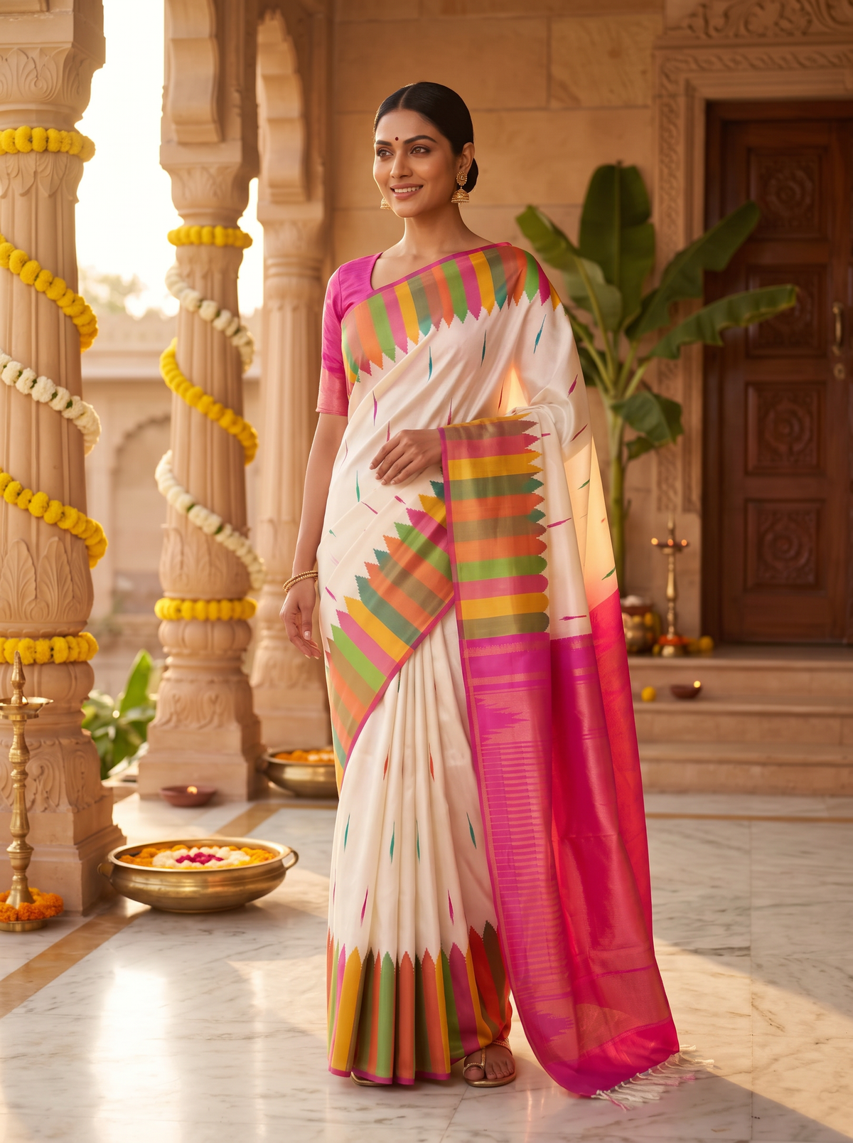 Kanjivaram - White with Pink