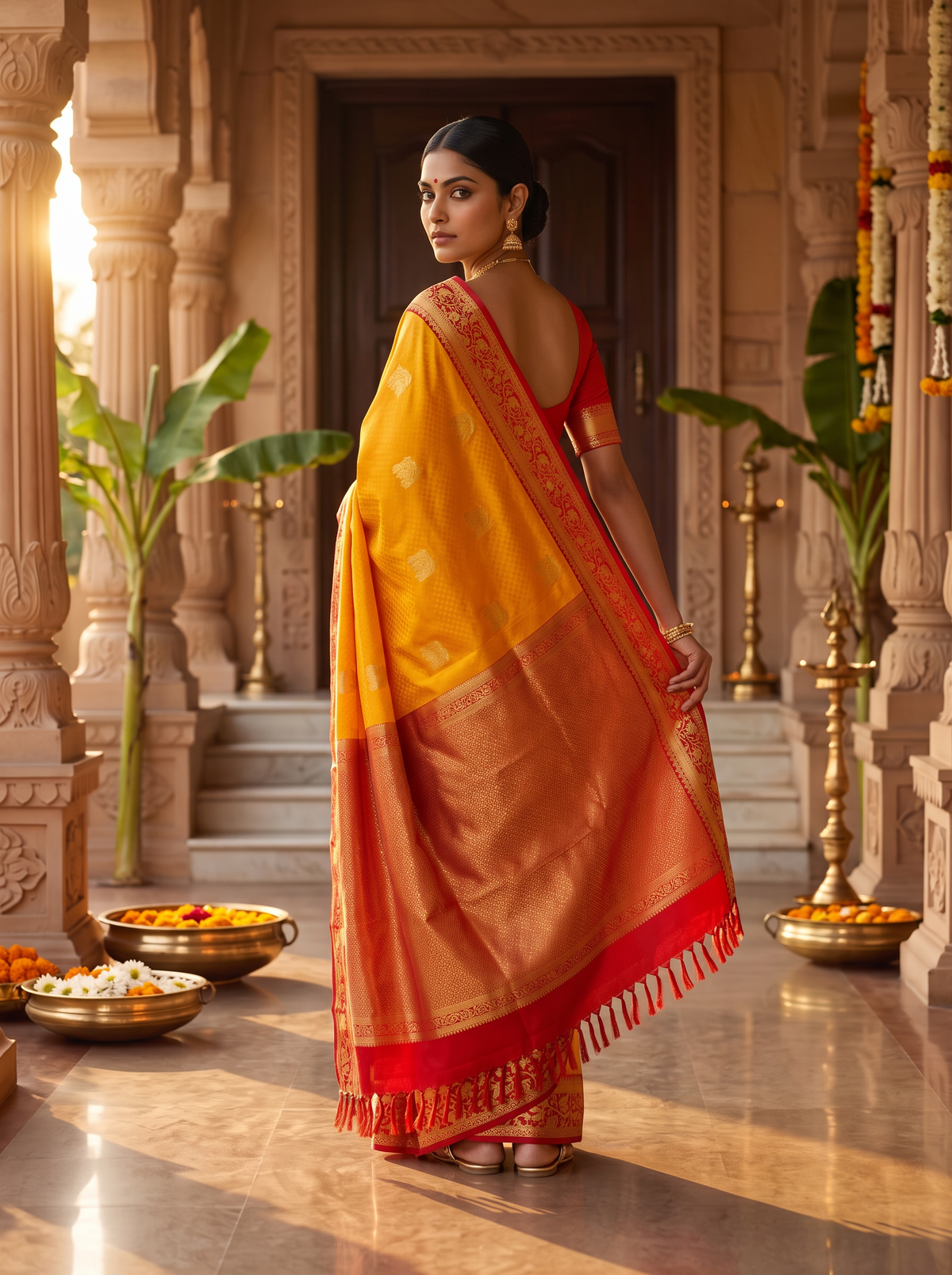 A Golden Reverie of Brocade & Silk – Golden Yellow & Red Pure Korvai Kanjivaram Handloom Silk Saree