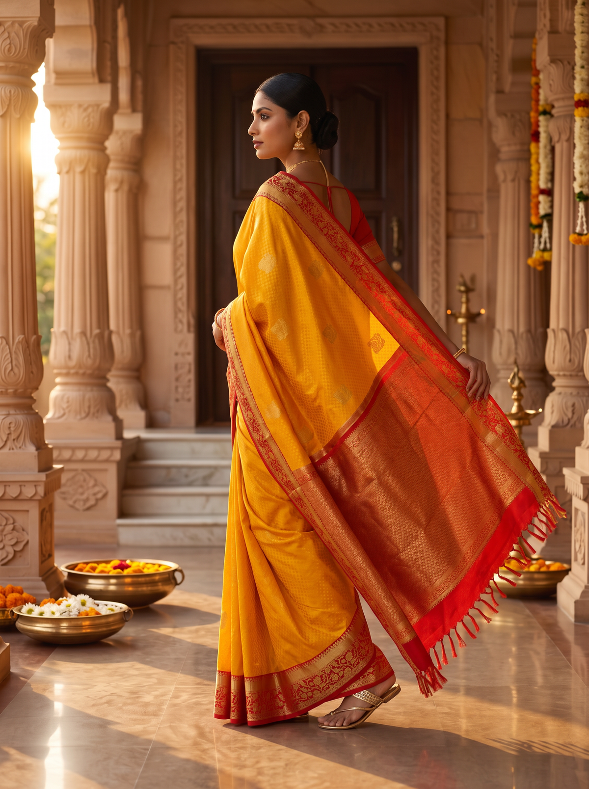 A Golden Reverie of Brocade & Silk – Golden Yellow & Red Pure Korvai Kanjivaram Handloom Silk Saree