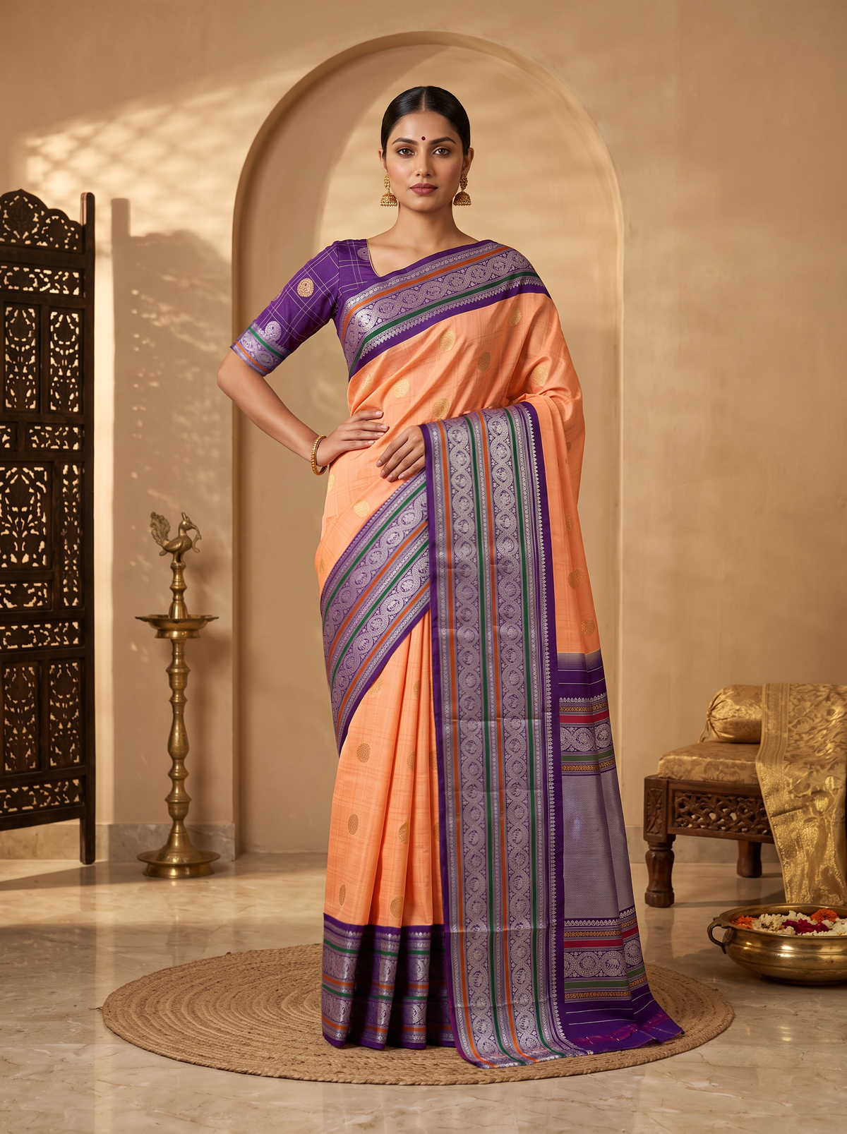 Peach sunrise, violet dusk, silver moons. Handloom Gadwal silk.