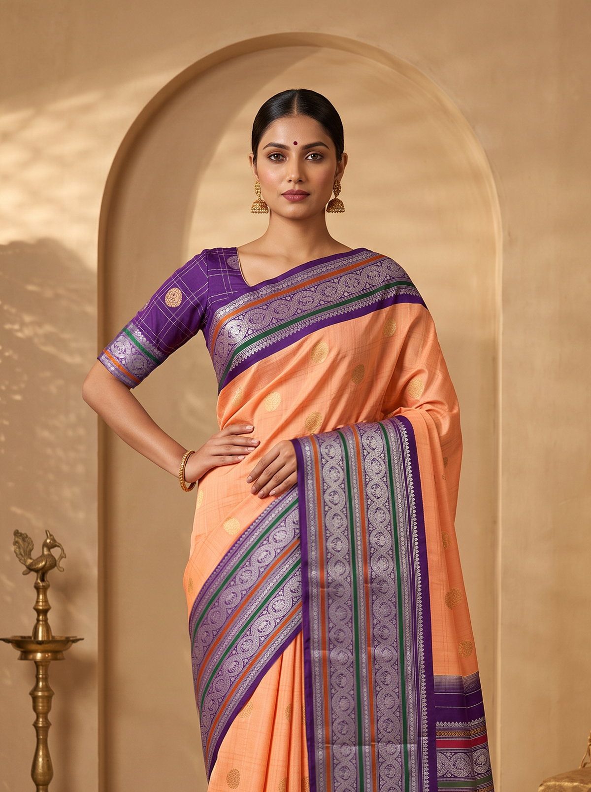 Peach sunrise, violet dusk, silver moons. Handloom Gadwal silk.