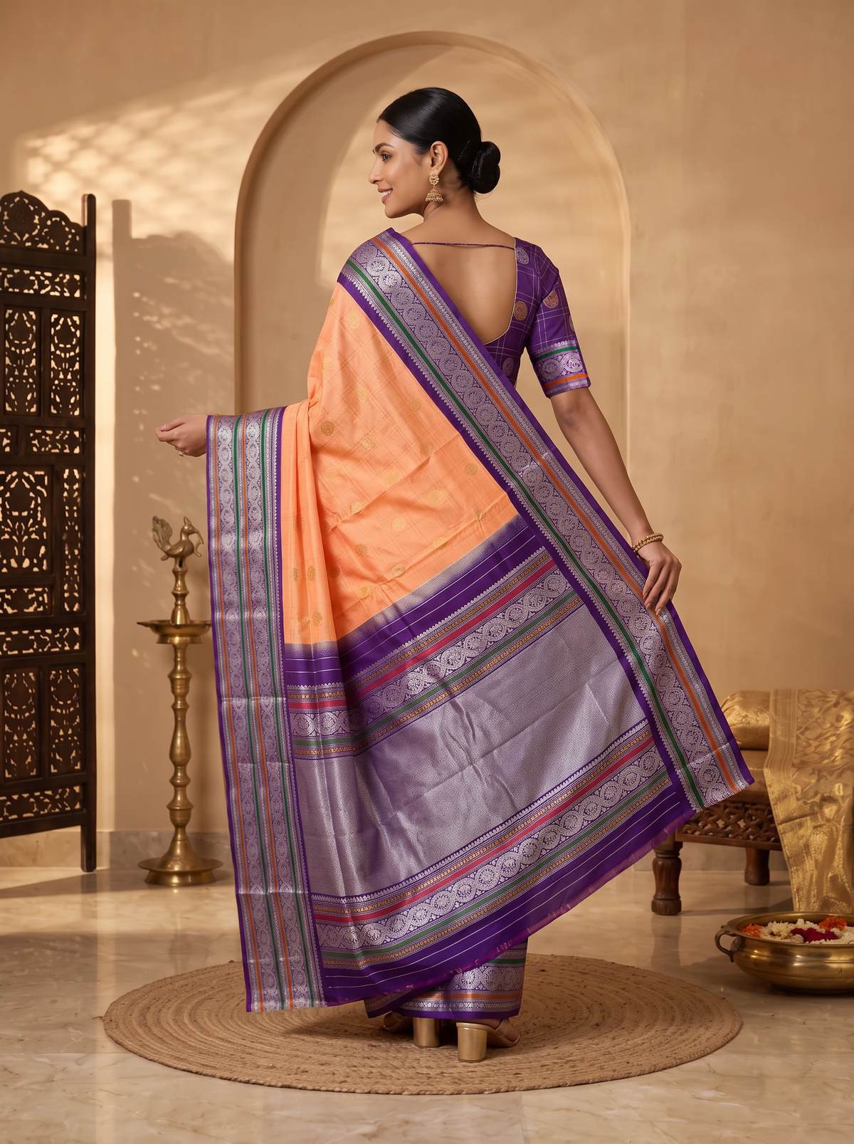 Peach sunrise, violet dusk, silver moons. Handloom Gadwal silk.