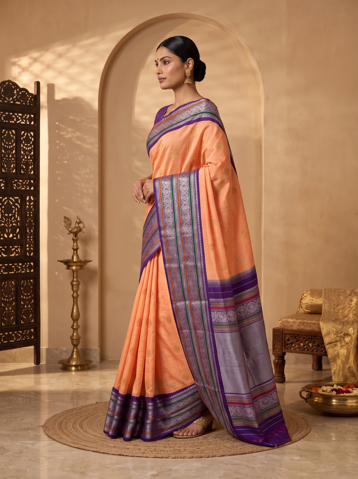 Peach sunrise, violet dusk, silver moons. Handloom Gadwal silk.