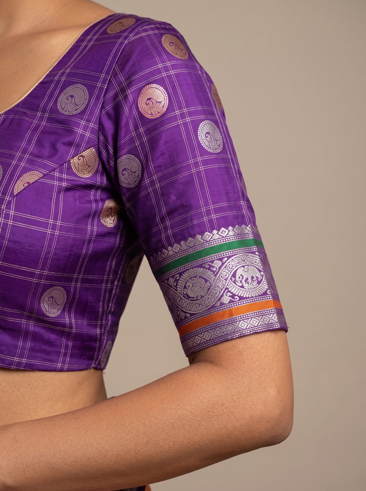 Peach sunrise, violet dusk, silver moons. Handloom Gadwal silk.