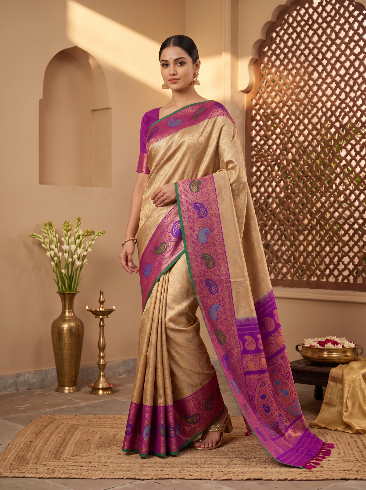 Golden dawn meets royal purple, bright with meenakari paisleys. Handloom Gadwal silk.