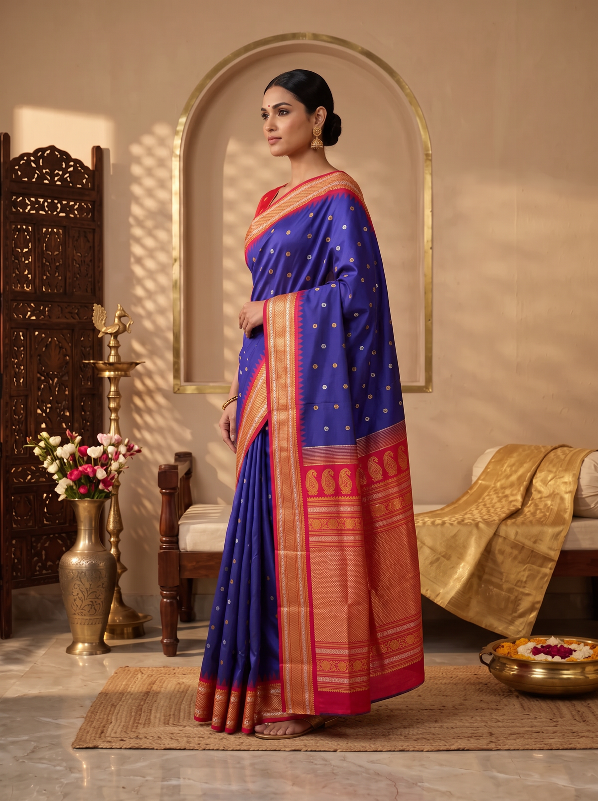 Like sunlight spun into silk, this golden Gadwal blooms with delicate vines, framed by a Kanchi-style border where meenakari medallions and paisleys glow like jewels.