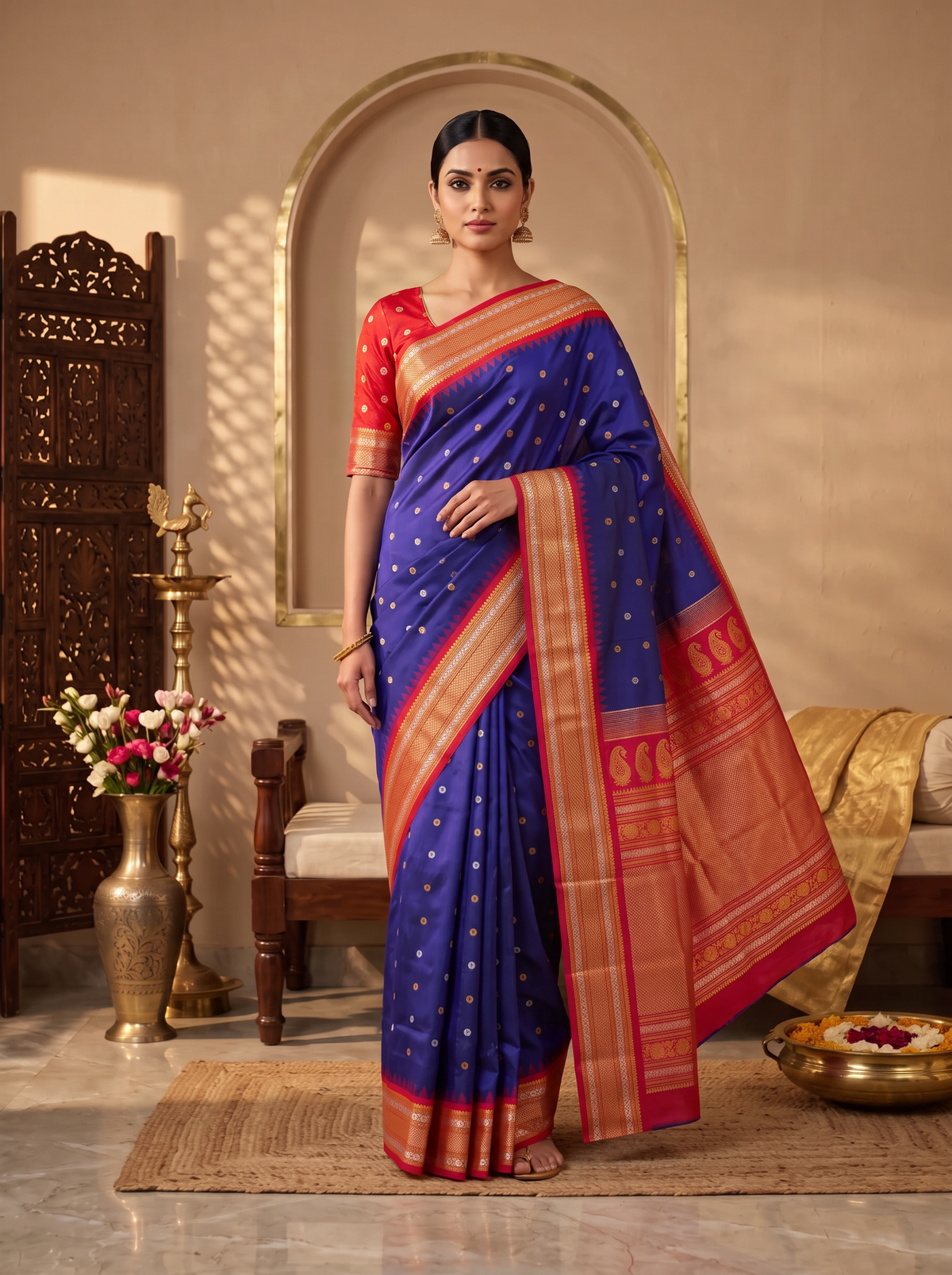 Like sunlight spun into silk, this golden Gadwal blooms with delicate vines, framed by a Kanchi-style border where meenakari medallions and paisleys glow like jewels.